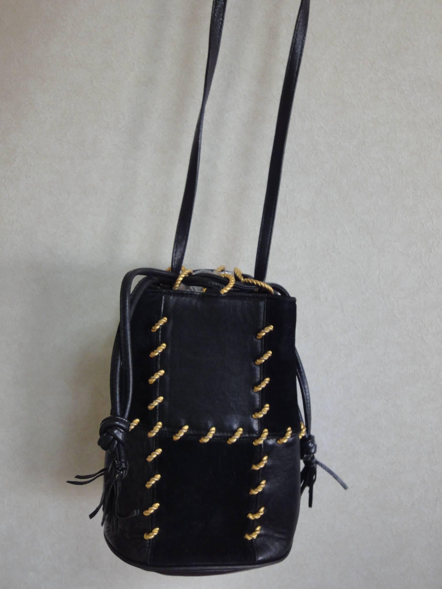 Vintage Salvatore Ferragamo black leather mini shoulder purse with drawstrings 5