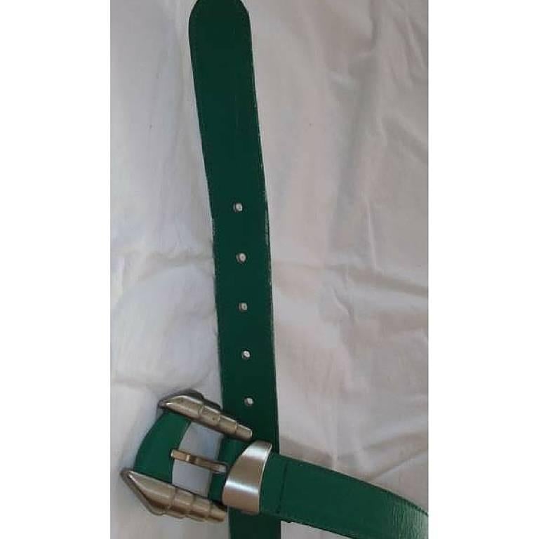 Blue Vintage Gianni Versace green leather rock star belt with silver hardware.  For Sale