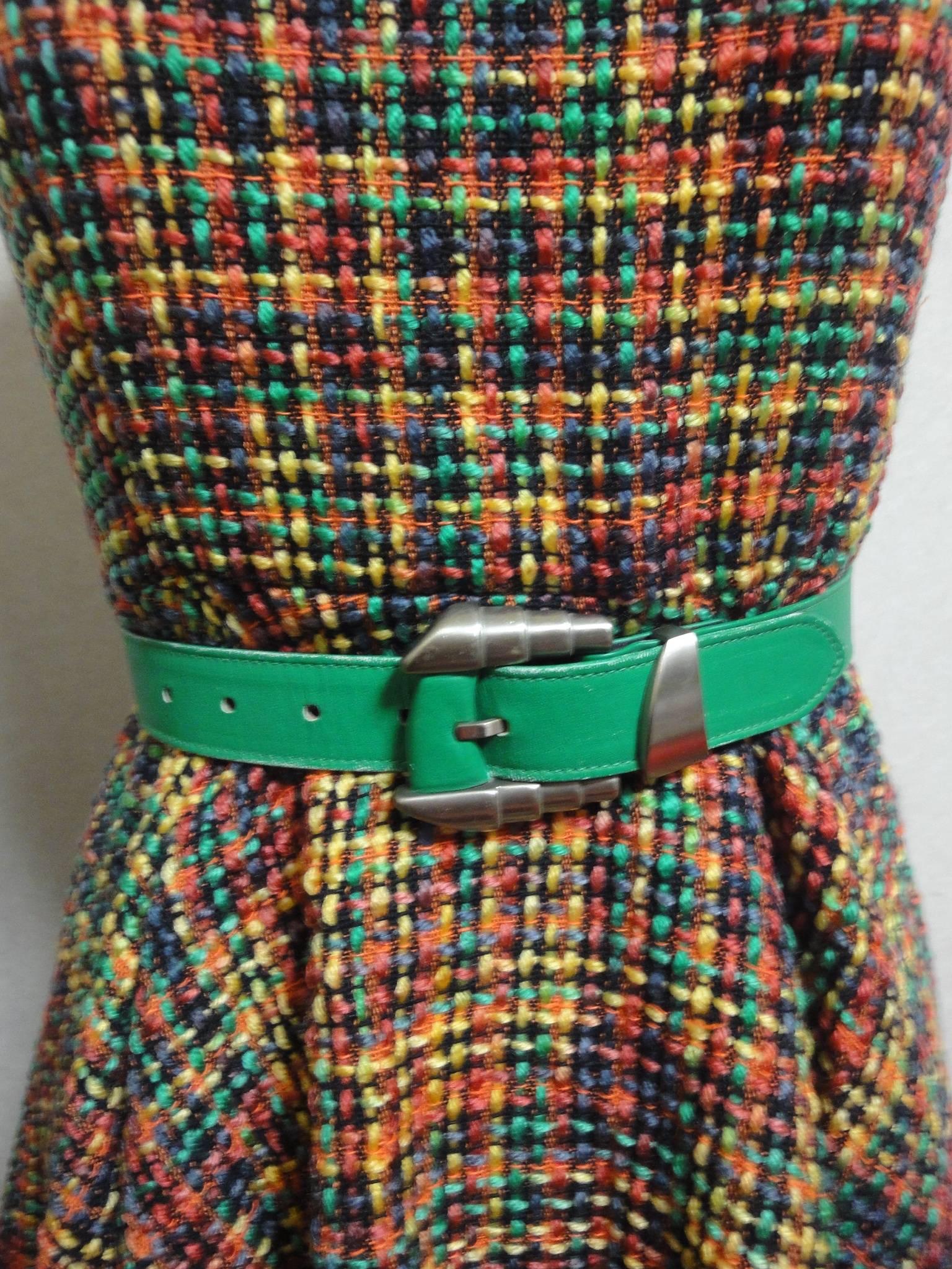 Women's or Men's Vintage Gianni Versace green leather rock star belt with silver hardware.  For Sale
