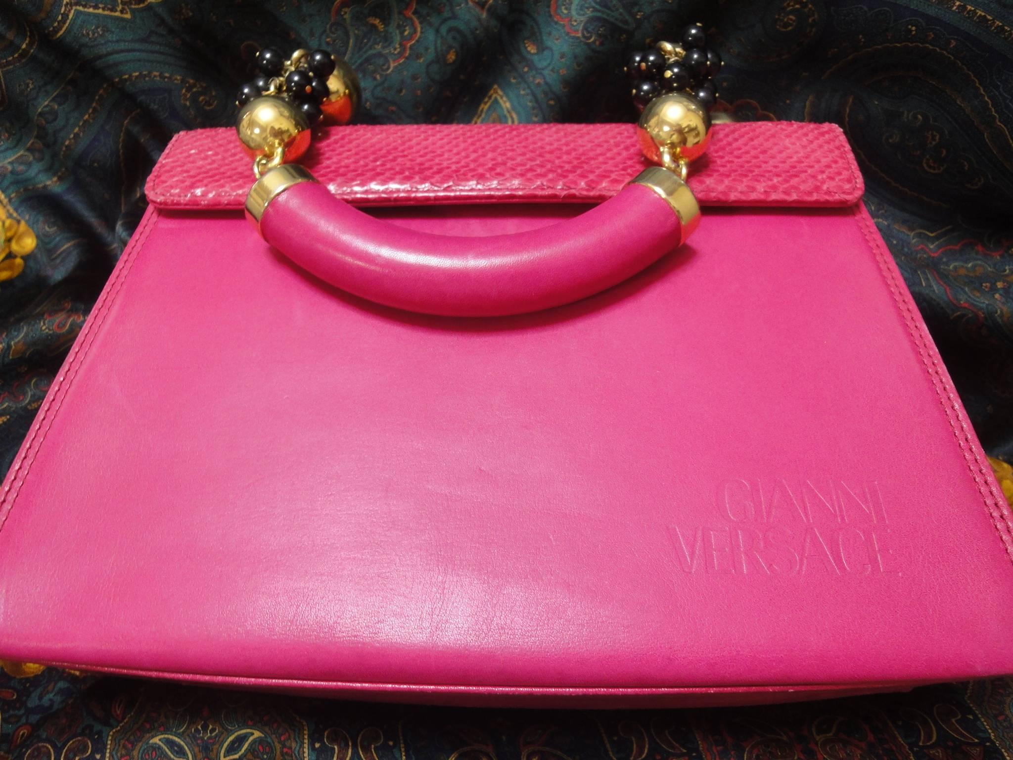 Red Vintage Gianni Versace pink calf leather and genuine snakeskin handbag For Sale