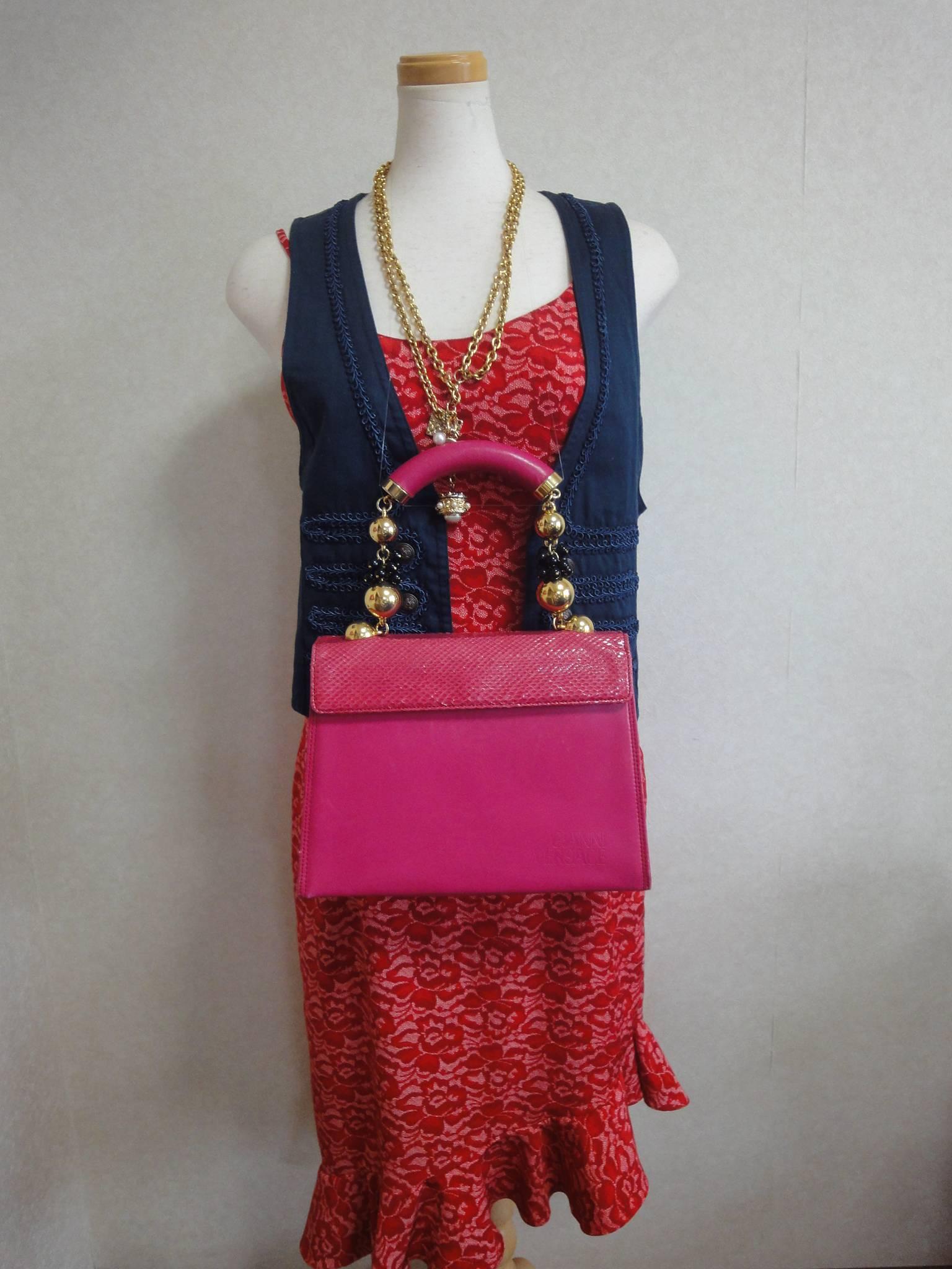 Vintage Gianni Versace pink calf leather and genuine snakeskin handbag For Sale 3