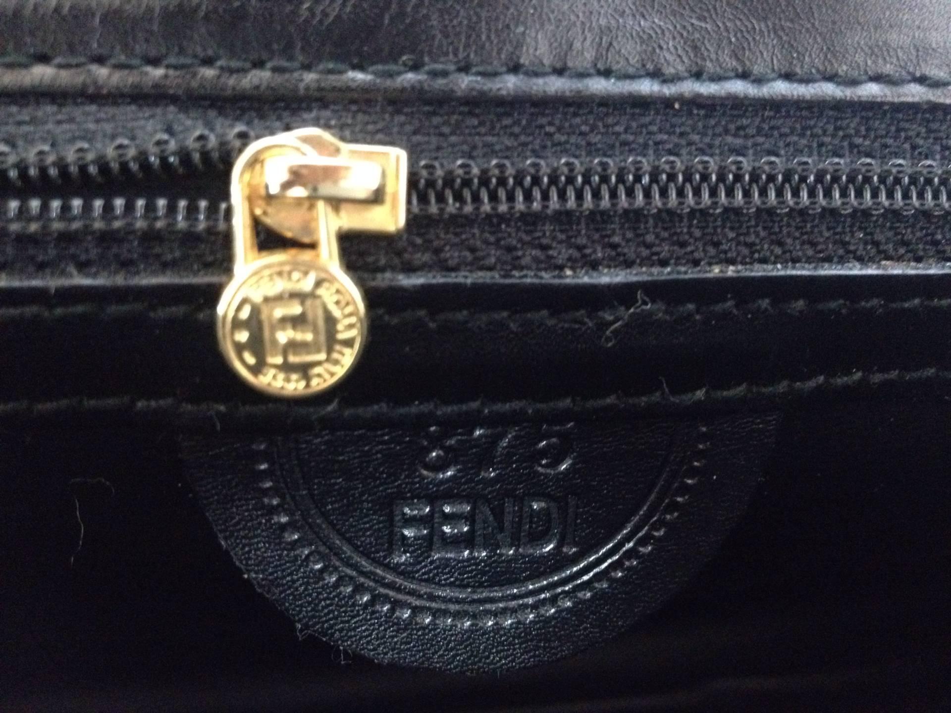 Vintage FENDI black leather shoulder bag, large clutch purse with iconic logo  2