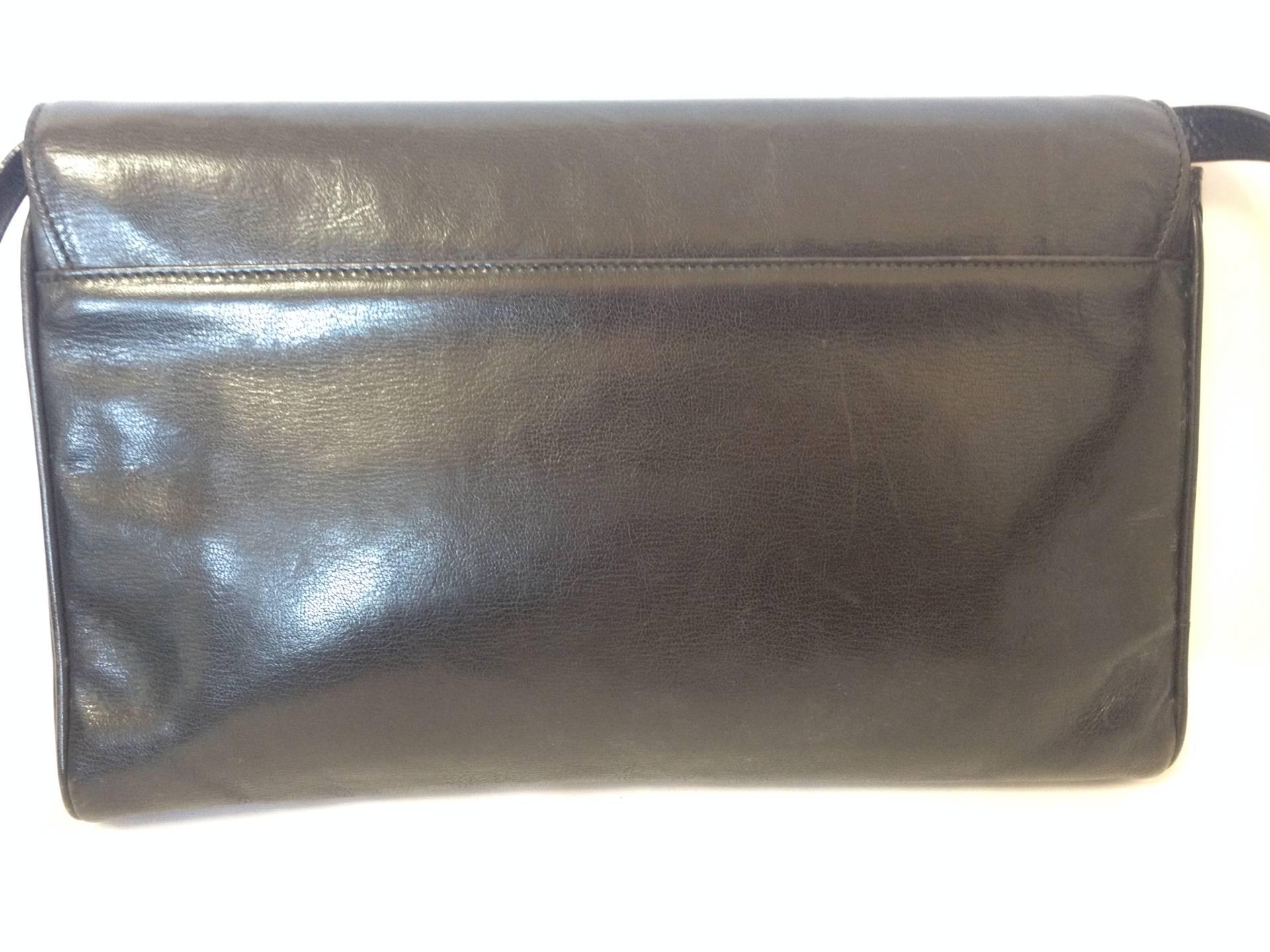 Gray Vintage FENDI black leather shoulder bag, large clutch purse with embossed art, 