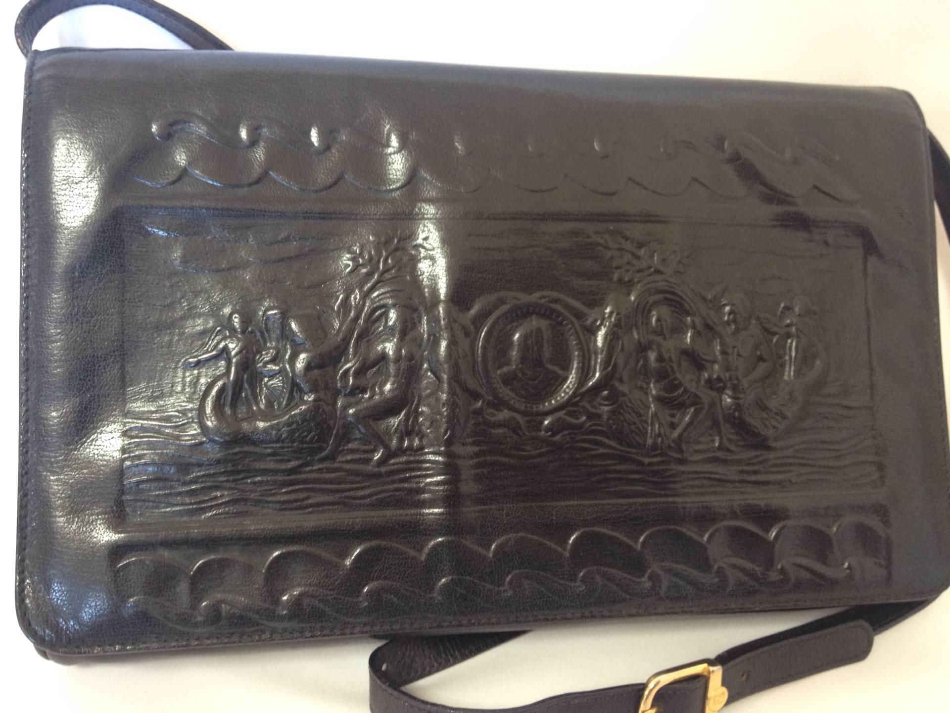 Vintage FENDI black leather shoulder bag, large clutch purse with embossed art,  4