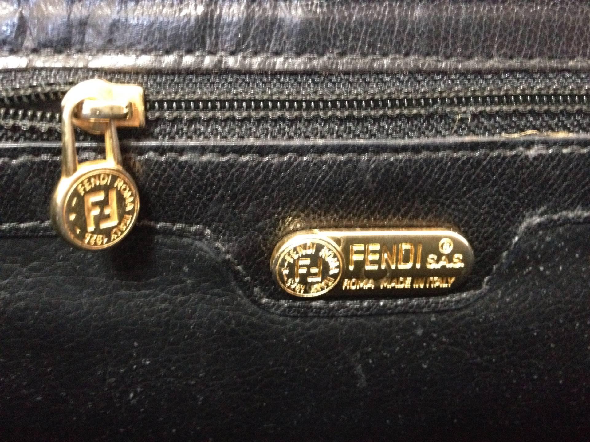 Vintage FENDI black leather shoulder bag, large clutch purse with embossed art,  2