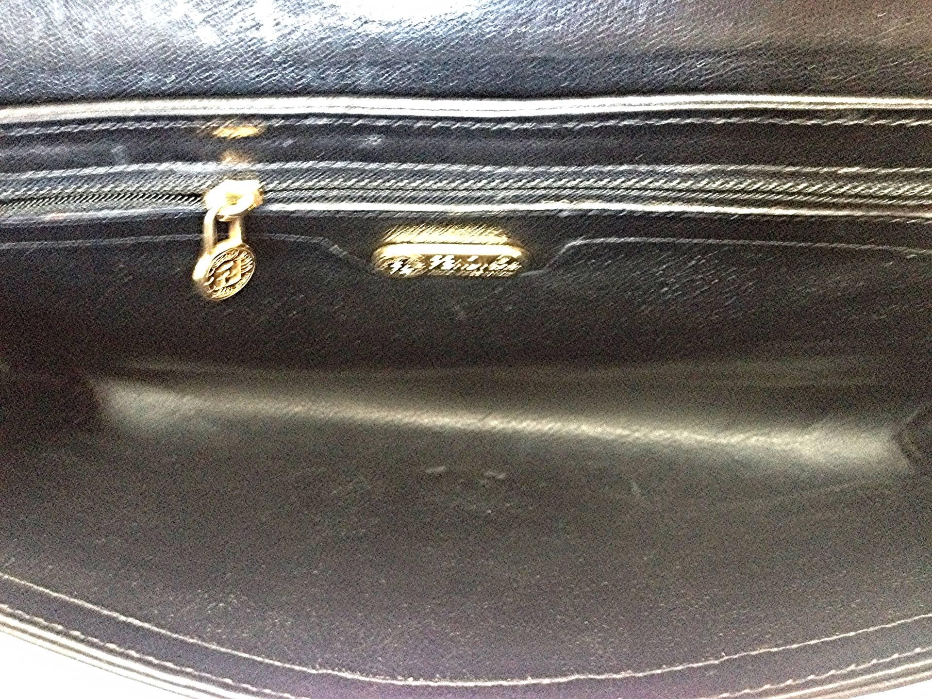 Vintage FENDI black leather shoulder bag, large clutch purse with embossed art,  3