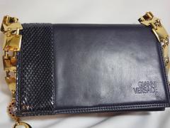 MINT. Vintage Gianni Versace navy leather clutch shoulder purse with snake skin
