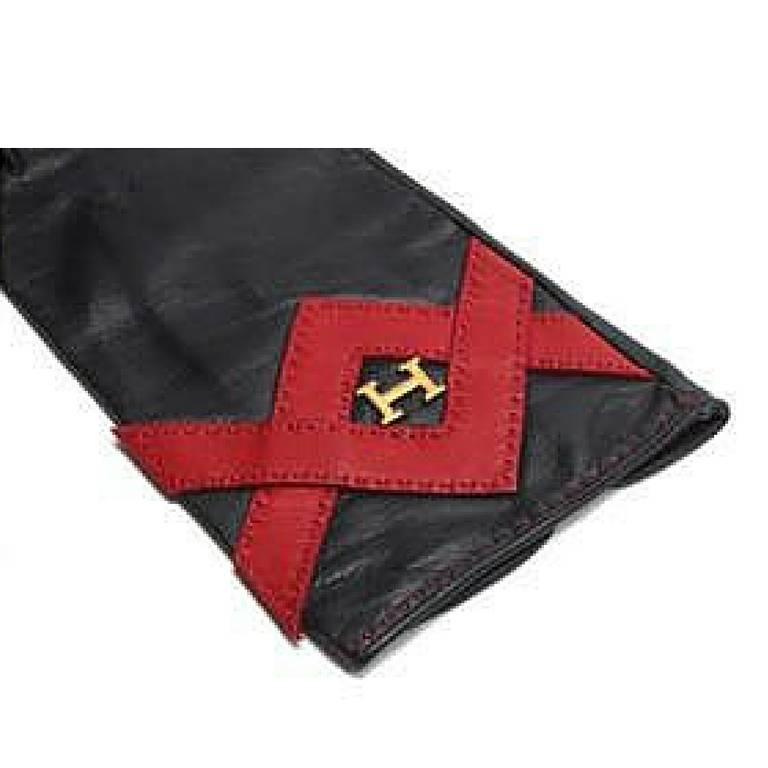 Vintage HERMES black lambskin gloves with golden　H logo with red triangle stitch In Excellent Condition For Sale In Kashiwa, Chiba