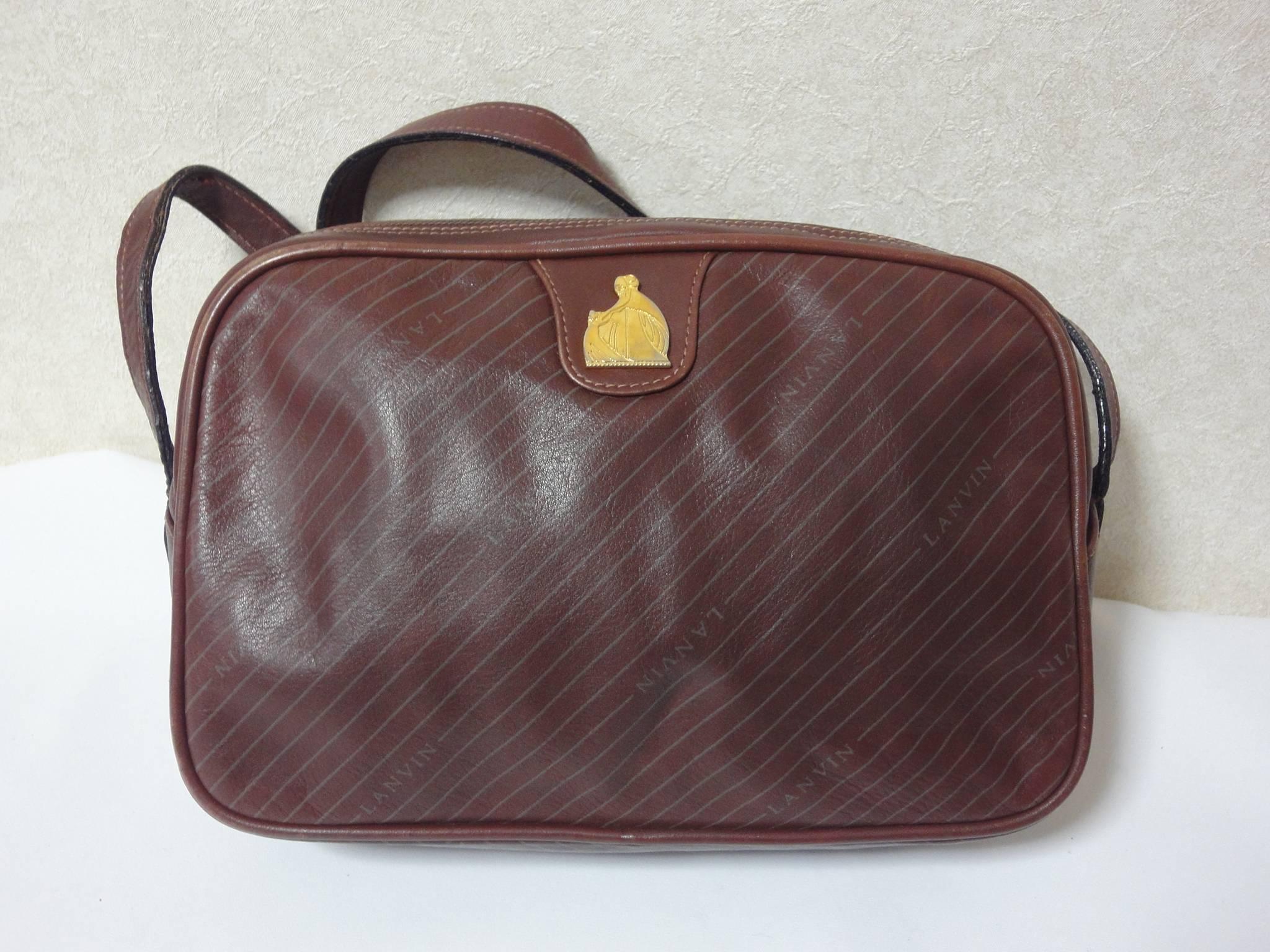 Vintage LANVIN wine brown logo printed leather shoulder bag with iconic logo For Sale 2