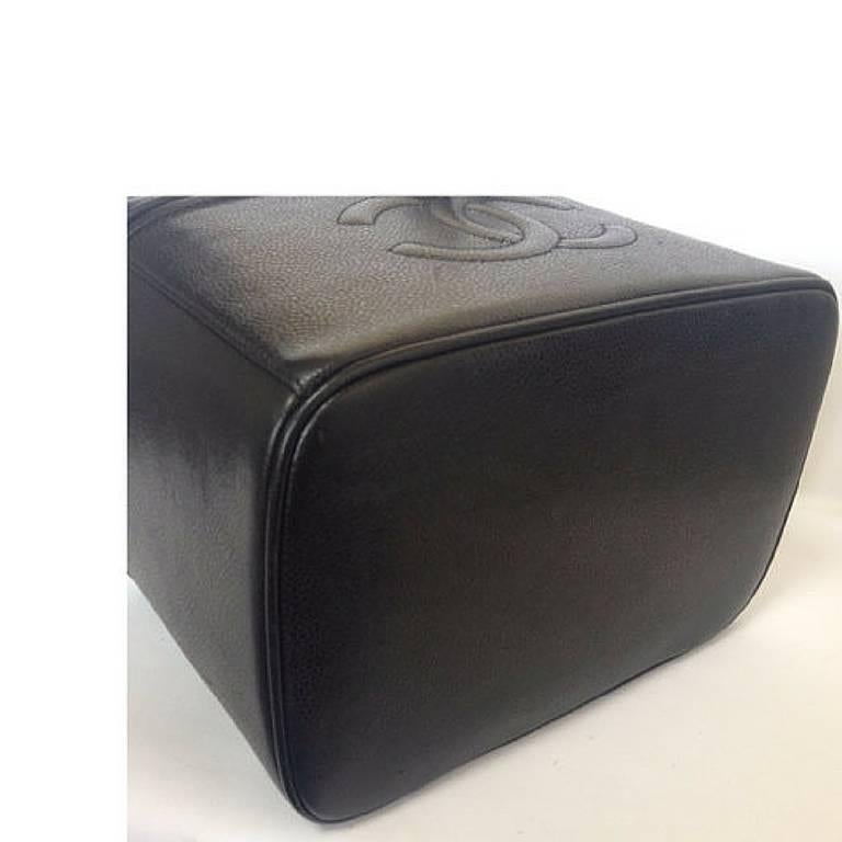 Gray Vintage CHANEL black caviar large vanity purse, lunch box style handbag. Classic