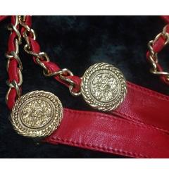 Vintage CHANEL lipstick red chain leather belt with golden CC charms.
