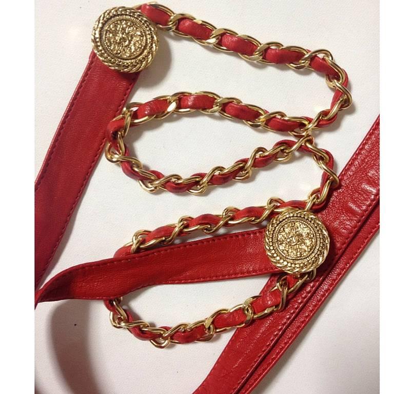 Red Vintage CHANEL lipstick red chain leather belt with golden CC charms. 
