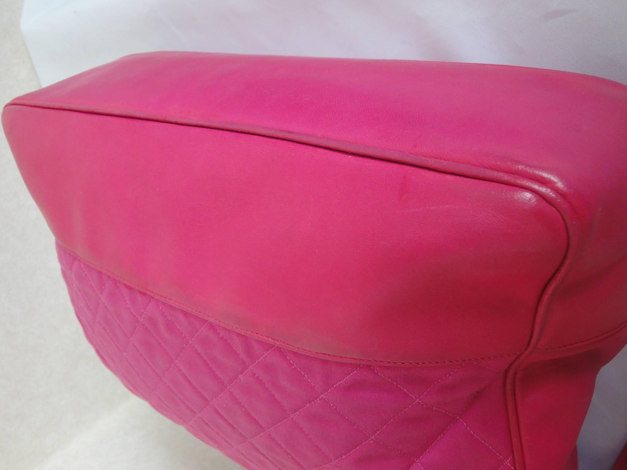 Women's Vintage CHANEL bright pink shoulder tote bag with quilted satin and leather