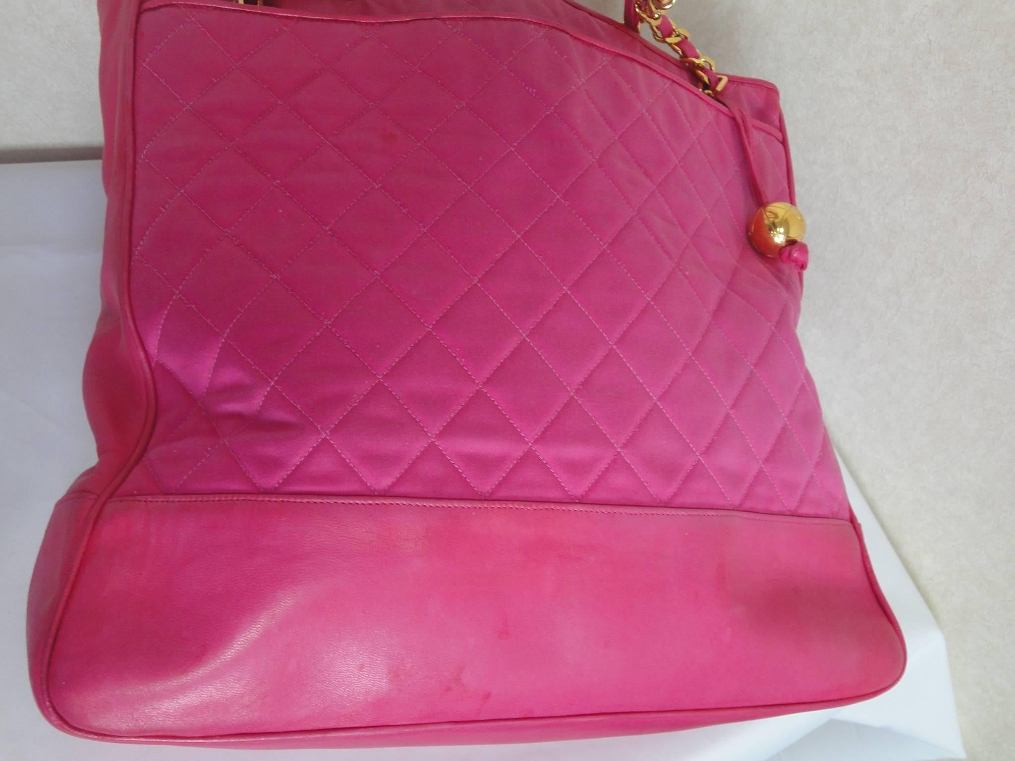 Pink Vintage CHANEL bright pink shoulder tote bag with quilted satin and leather