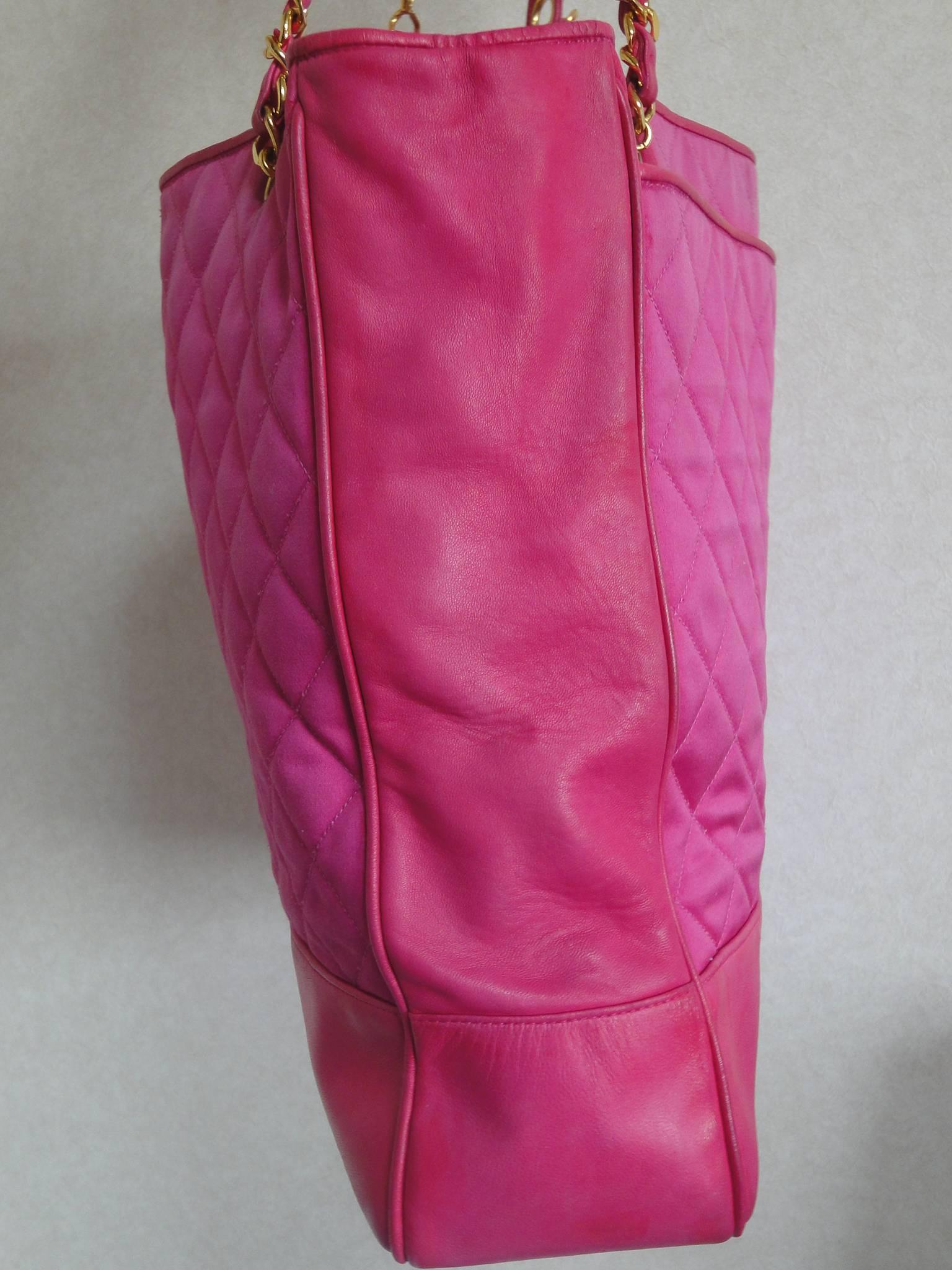 Vintage CHANEL bright pink shoulder tote bag with quilted satin and leather 1