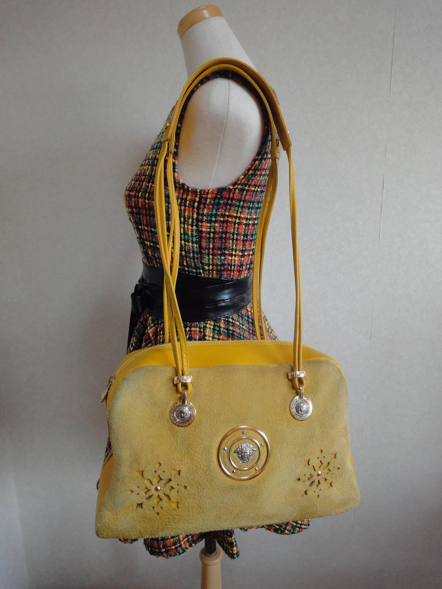 Vintage rare Gianni Versace yellow suede and leather bag with cut out design. 2