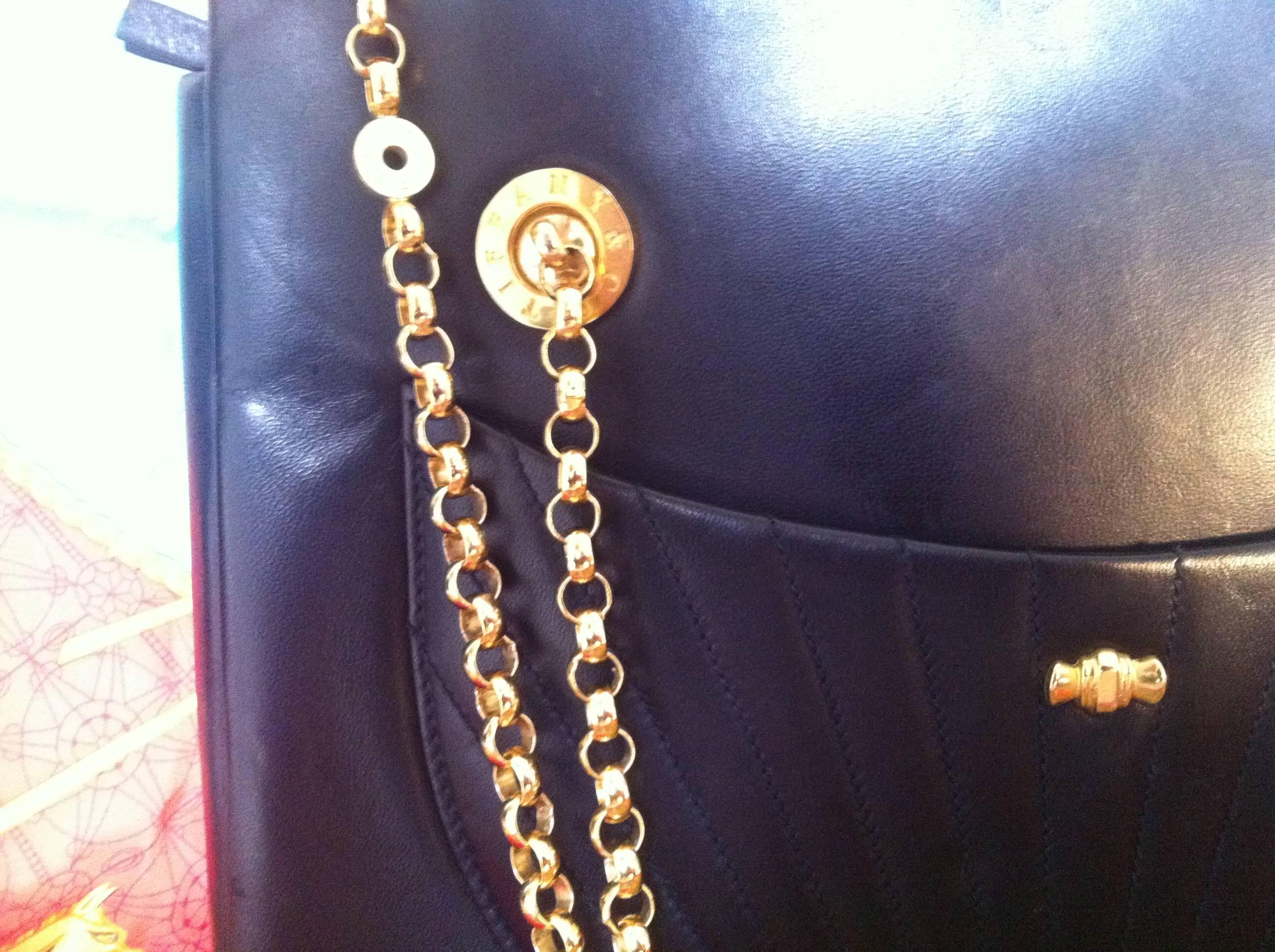 Black Vintage Tiffany black leather shoulder bag, tote with golden chain straps 