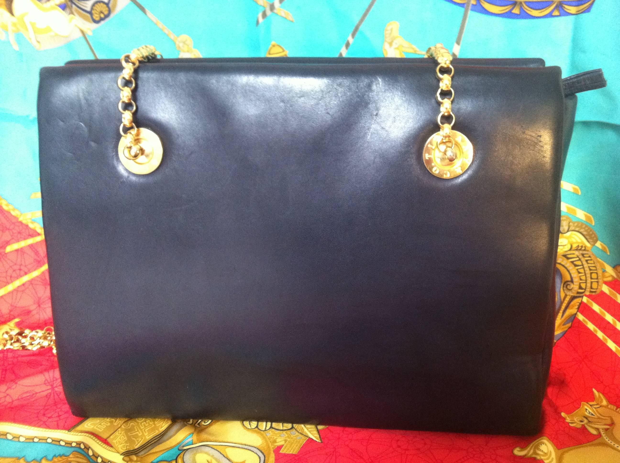 Vintage Tiffany black leather shoulder bag, tote with golden chain straps  1