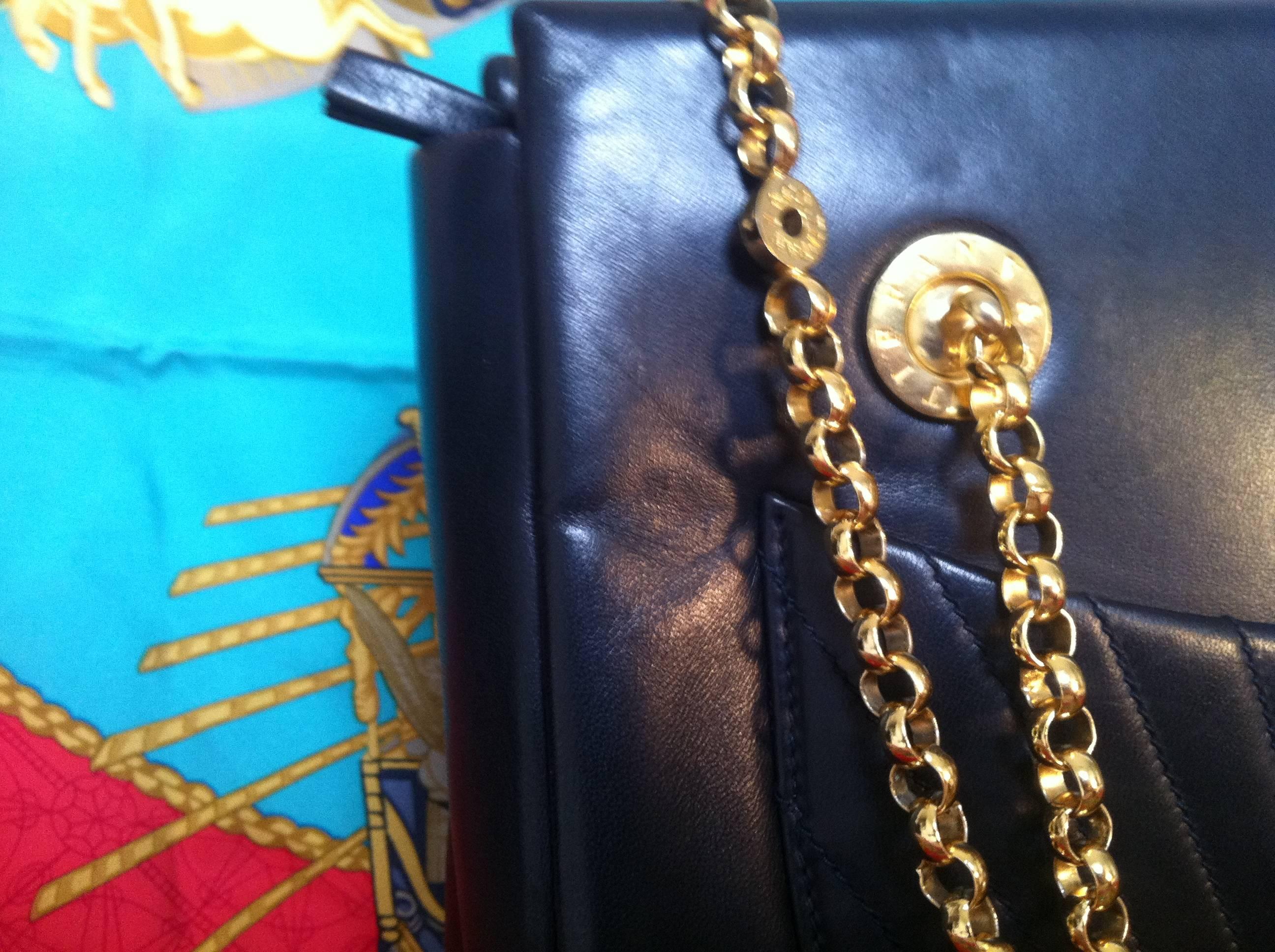Women's Vintage Tiffany black leather shoulder bag, tote with golden chain straps 