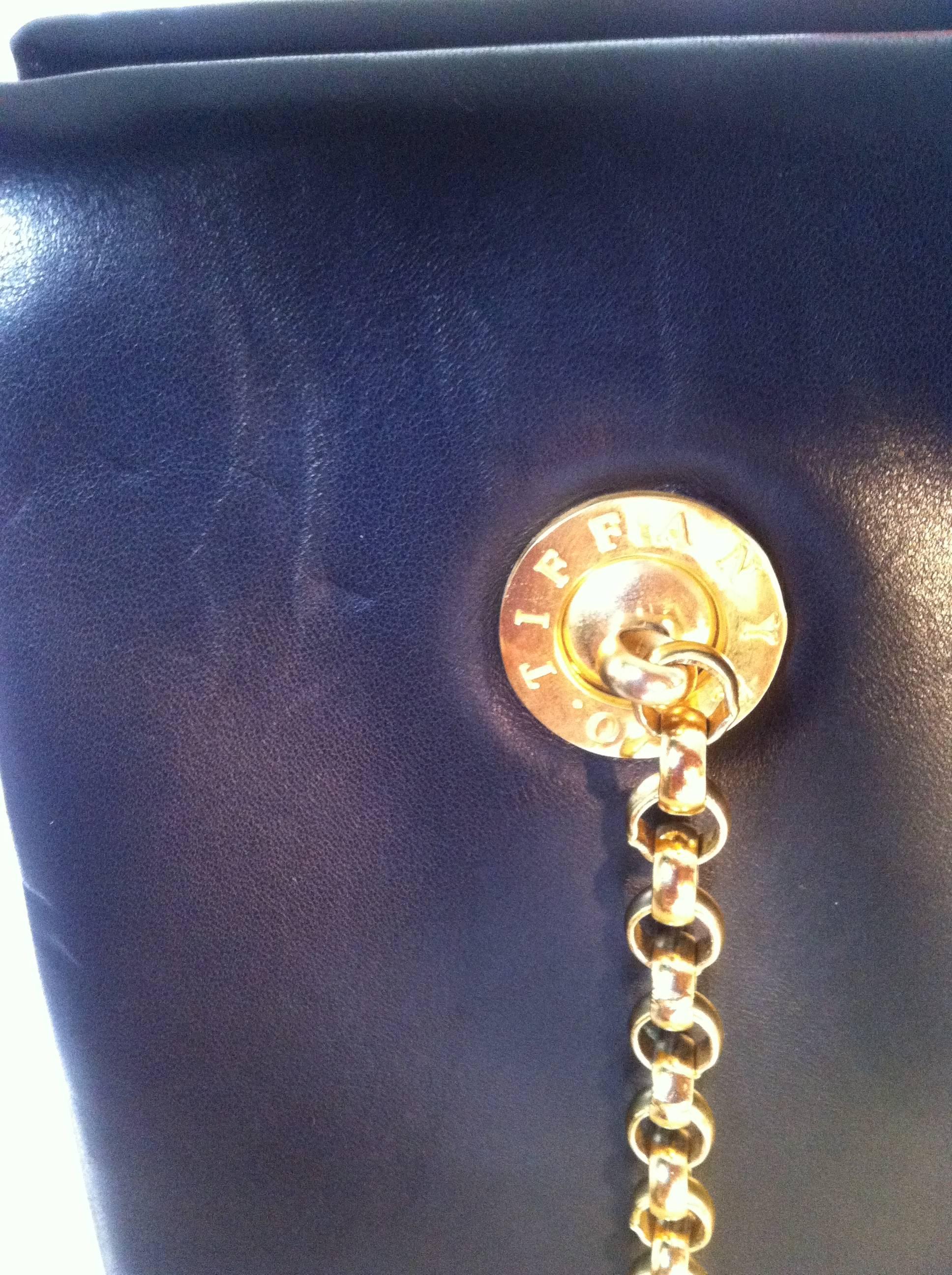 Vintage Tiffany black leather shoulder bag, tote with golden chain straps  2