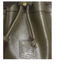 Vintage Celine olive green, khaki, leather hobo bucket shoulder bag with logo.