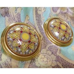 Vintage Hermes round shape cloisonne enamel golden earrings with mosaic flower