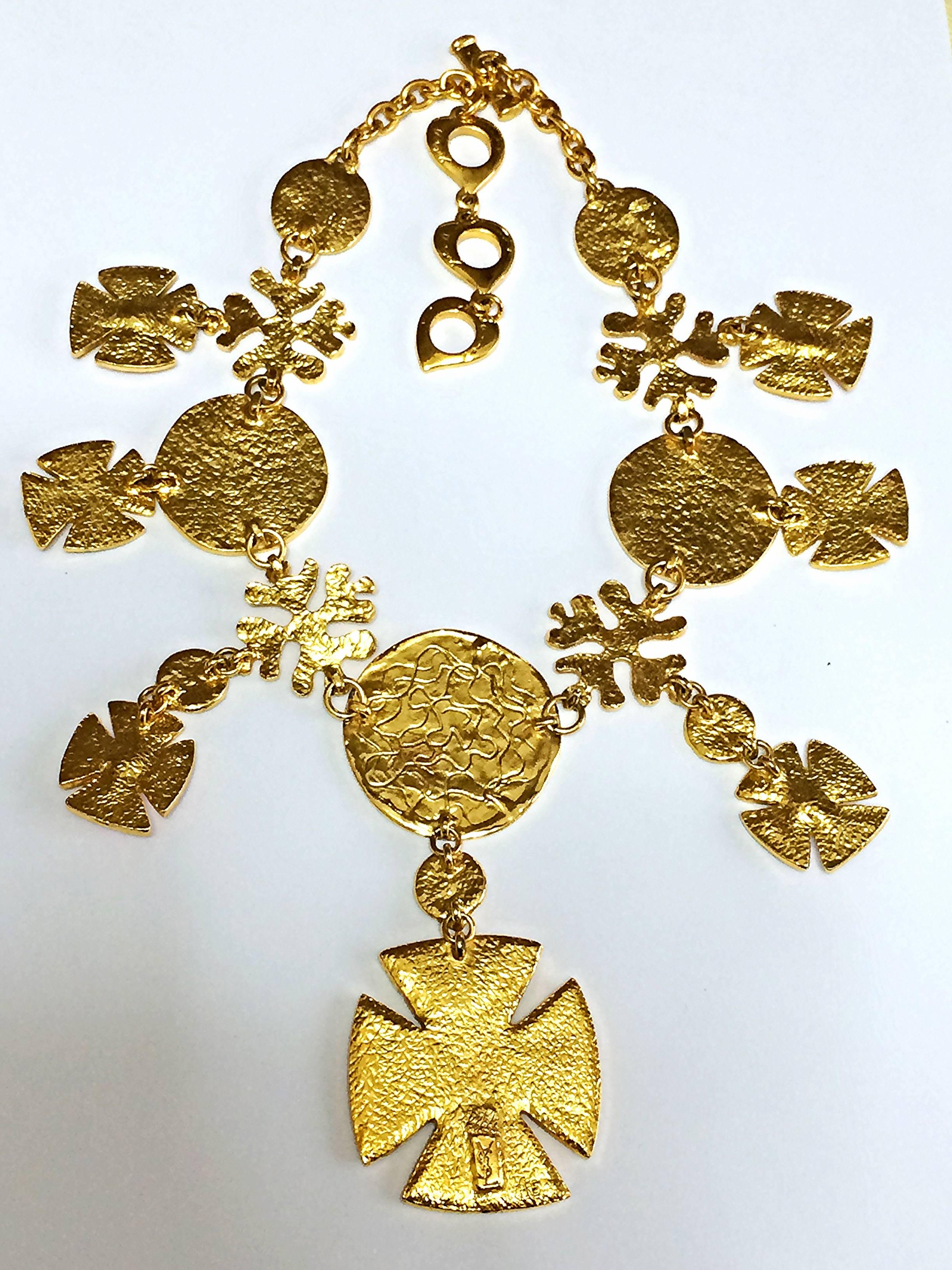 Women's MINT. Vintage Yves Saint Laurent statement necklace with enamel cross charms. For Sale