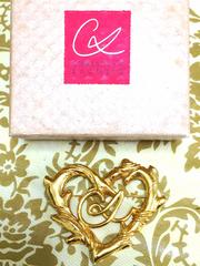 Vintage Christian Lacroix large golden heart and arabesque motif brooch, hat pin