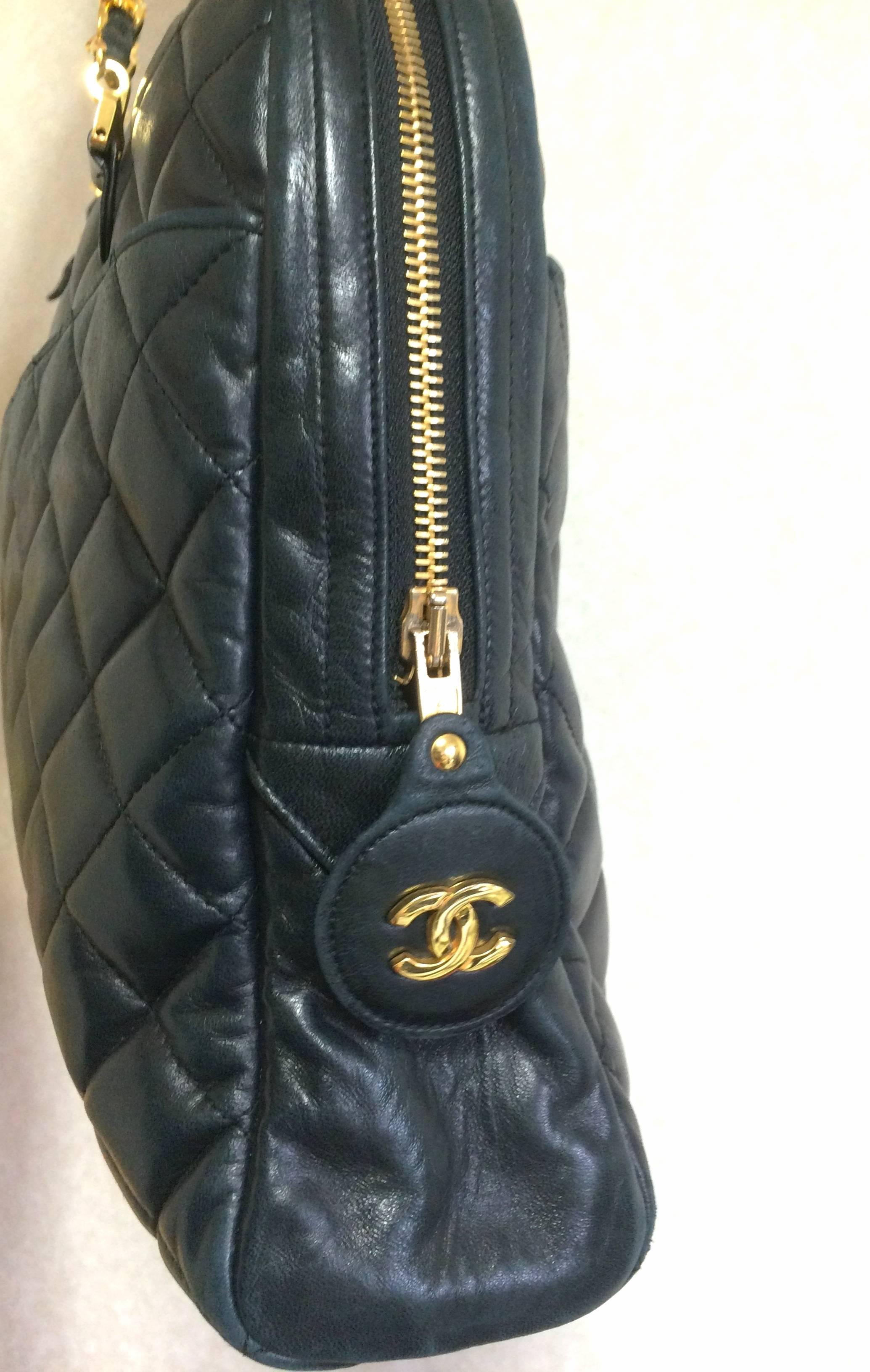 Black Vintage CHANEL black lambskin large classic bag with double golden chain strap