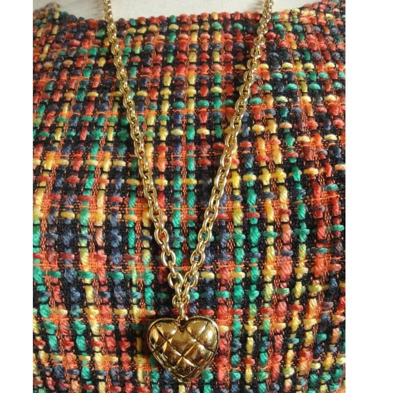 Women's Vintage Sonia Rykiel golden quilted heart shape long chain necklace. 