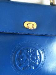 Vintage FENDI blue leather classic kelly style handbag with iconic Janus motif.