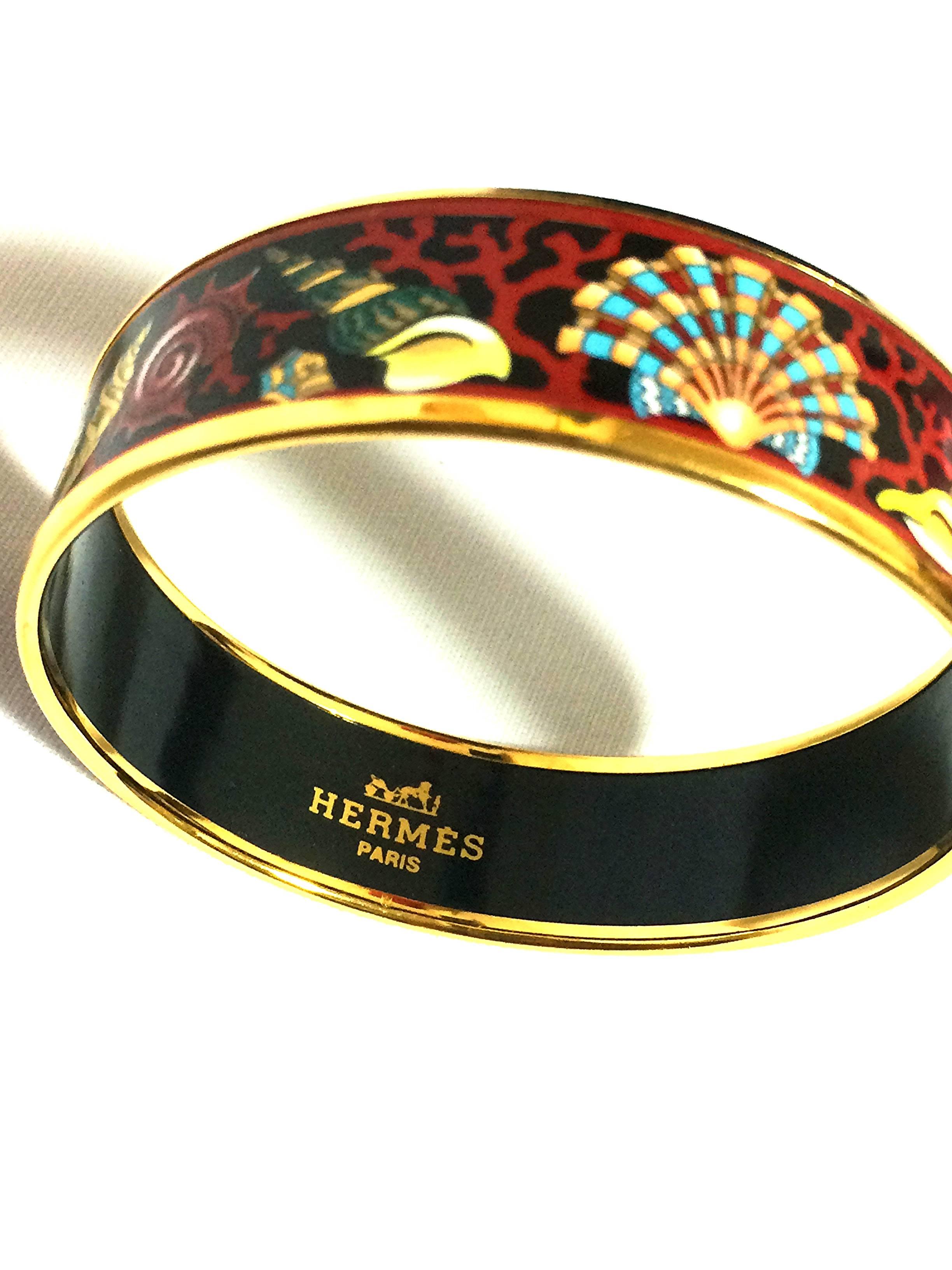 Women's Vintage Hermes cloisonne enamel golden thick bangle, bracelet  with ocean, black