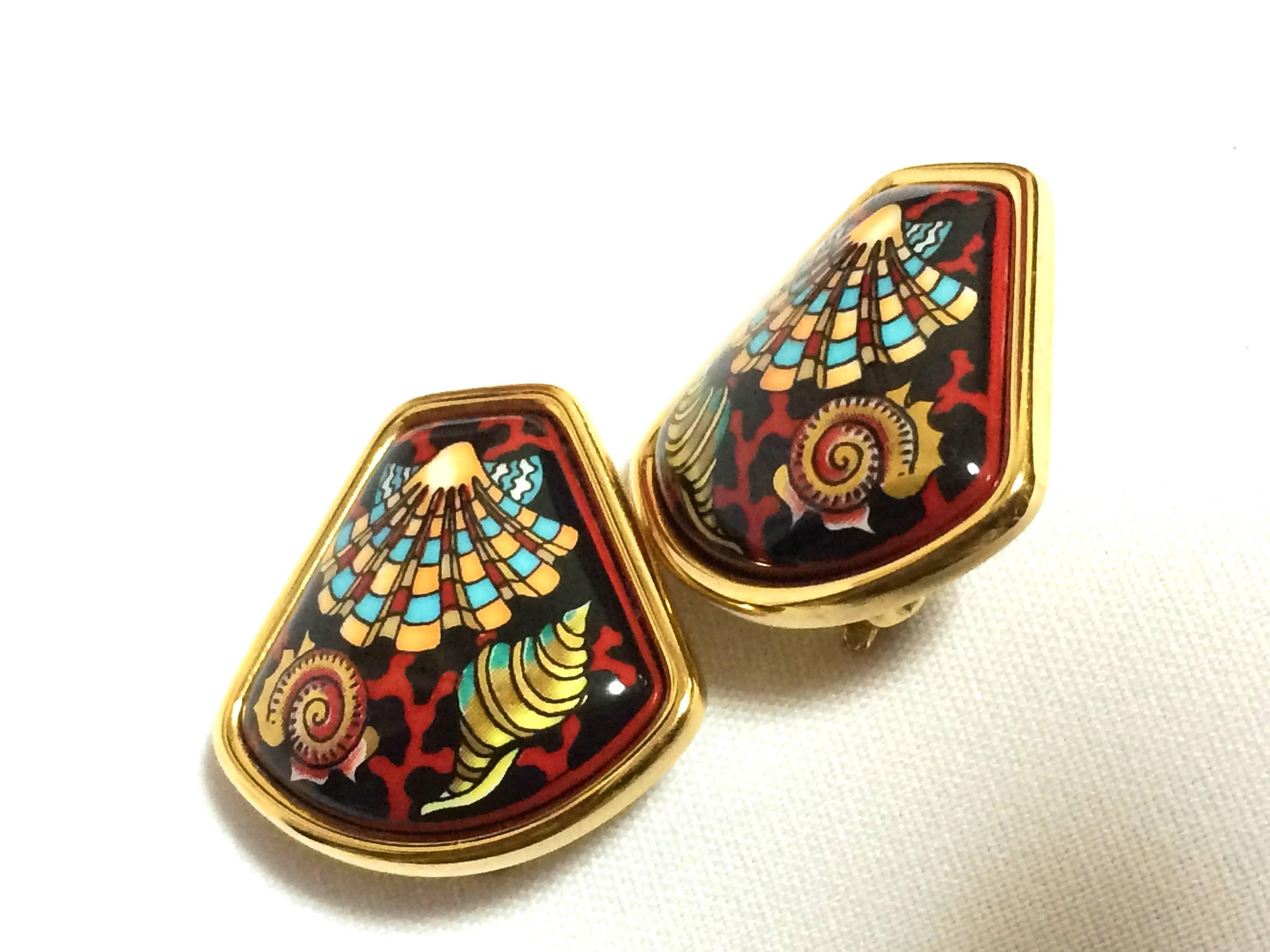Women's Vintage Hermes cloisonne enamel golden earrings with black ocean, red, blue etc