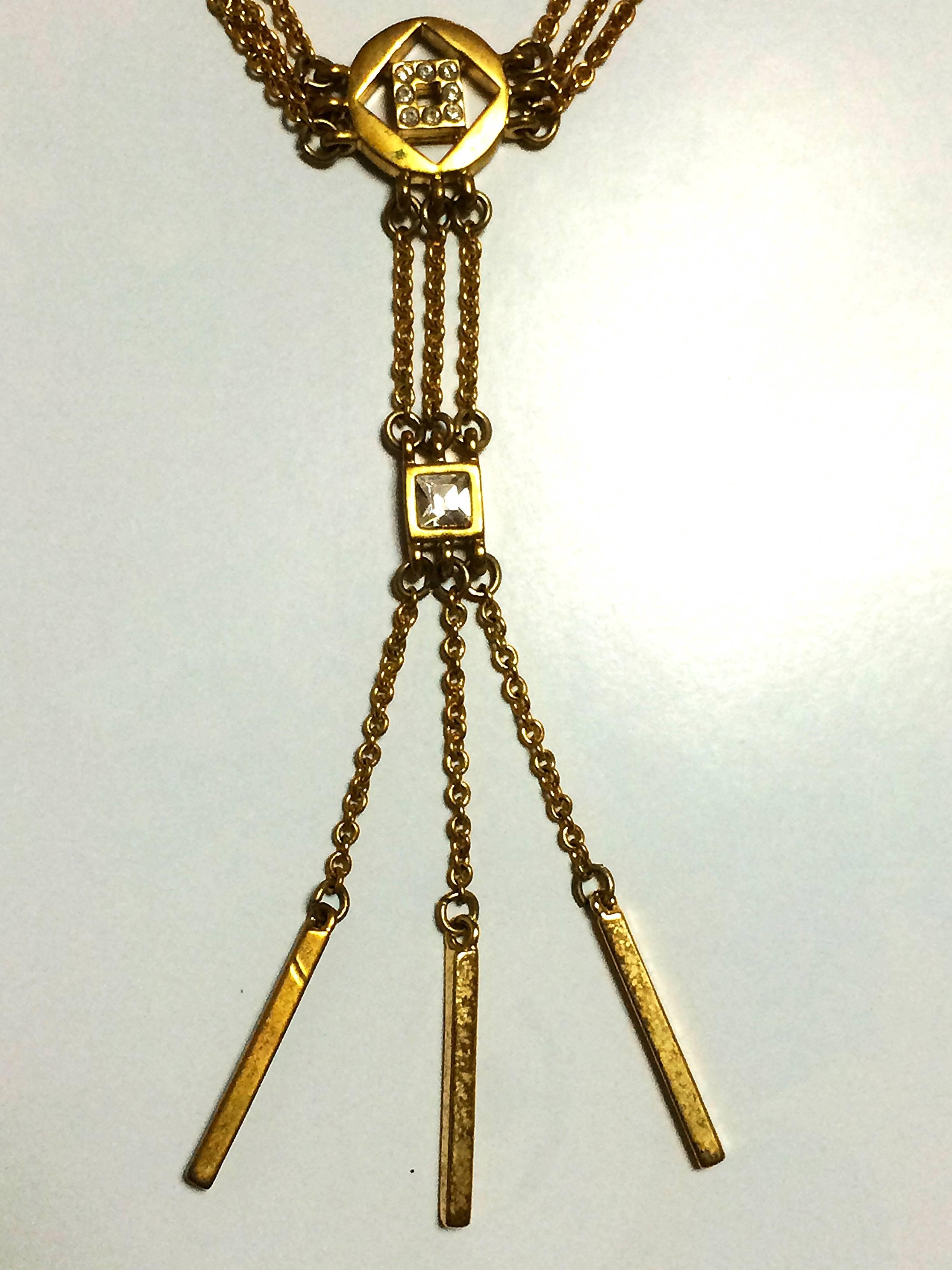 Vintage Givenchy three layer gold chain long necklace with rhinestone crystals In Good Condition For Sale In Kashiwa, Chiba