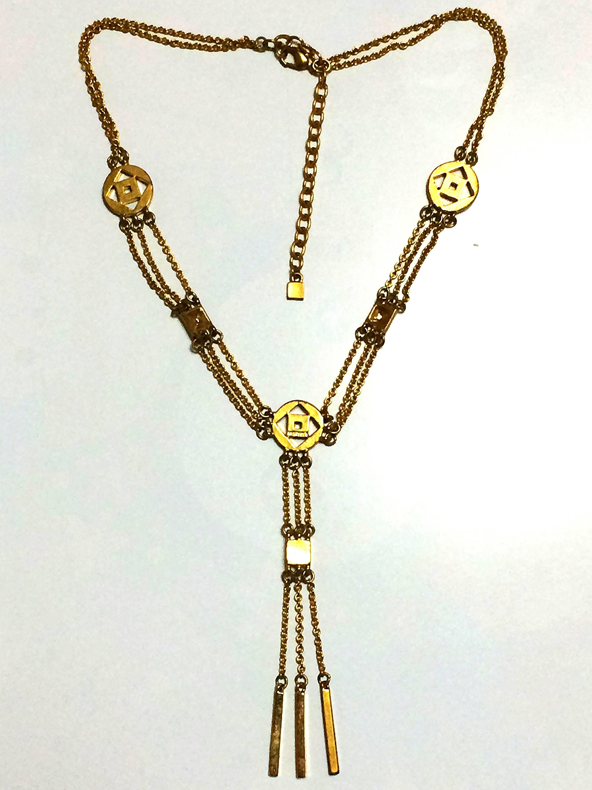 Art Nouveau Vintage Givenchy three layer gold chain long necklace with rhinestone crystals For Sale