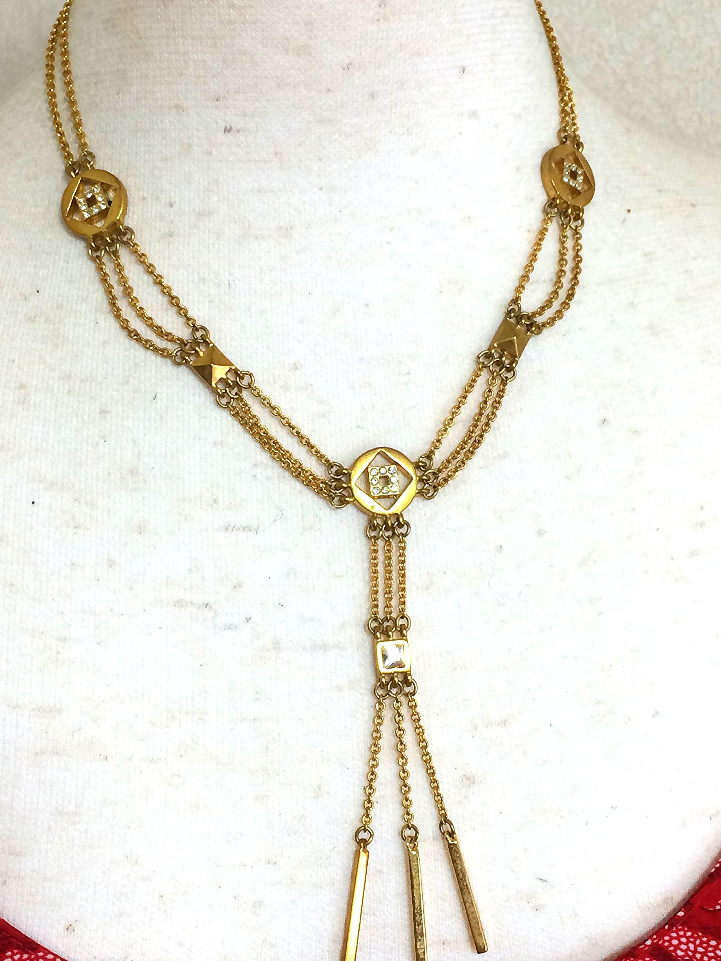 Vintage Givenchy three layer gold chain long necklace with rhinestone crystals For Sale 4