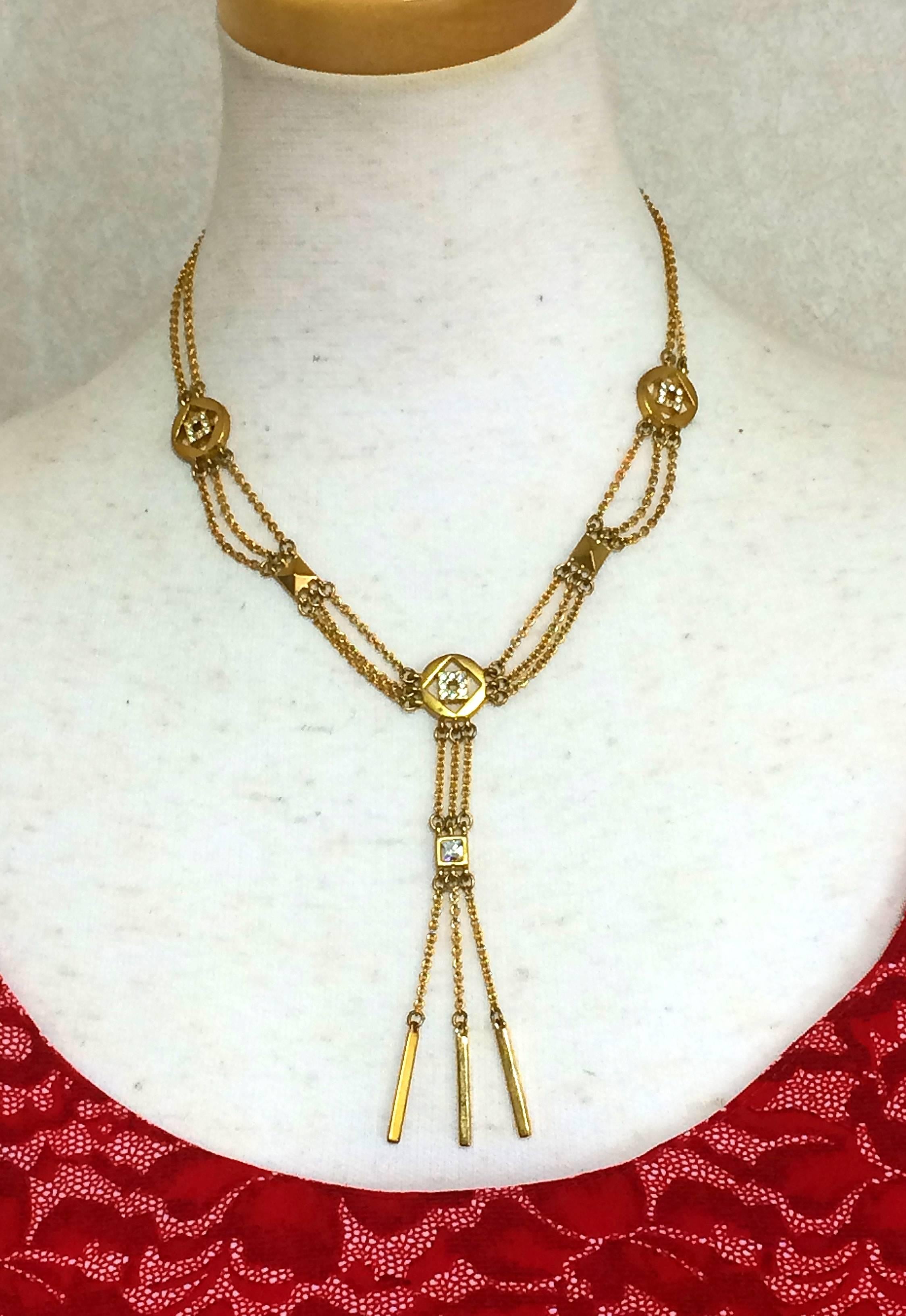 Vintage Givenchy three layer gold chain long necklace with rhinestone crystals For Sale 3