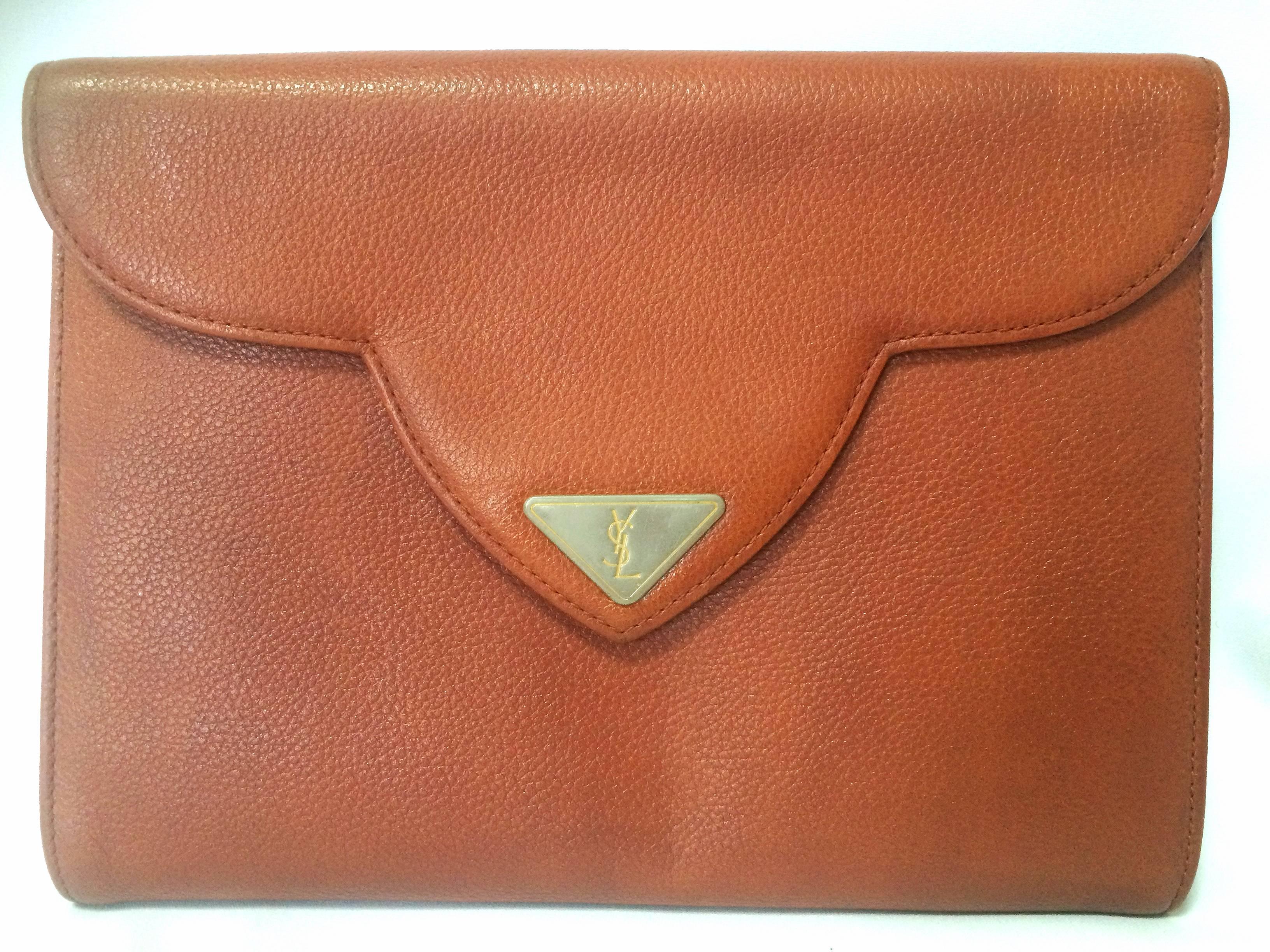 Vintage Yves Saint Laurent genuine brown leather clutch purse with beak tip flap 3