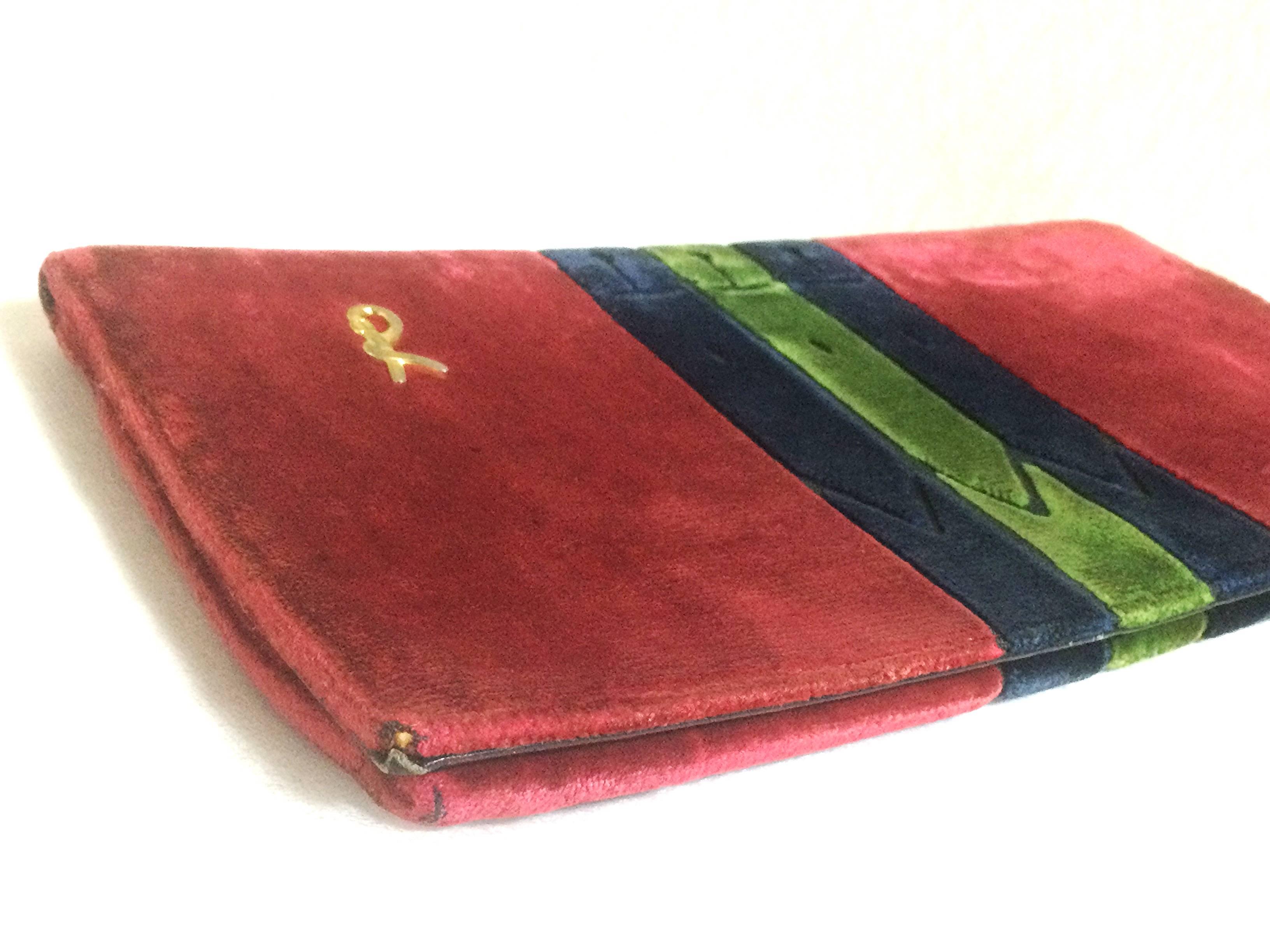 80's Vintage Roberta di Camerino velvet, chenille clutch in red, navy and green. 2