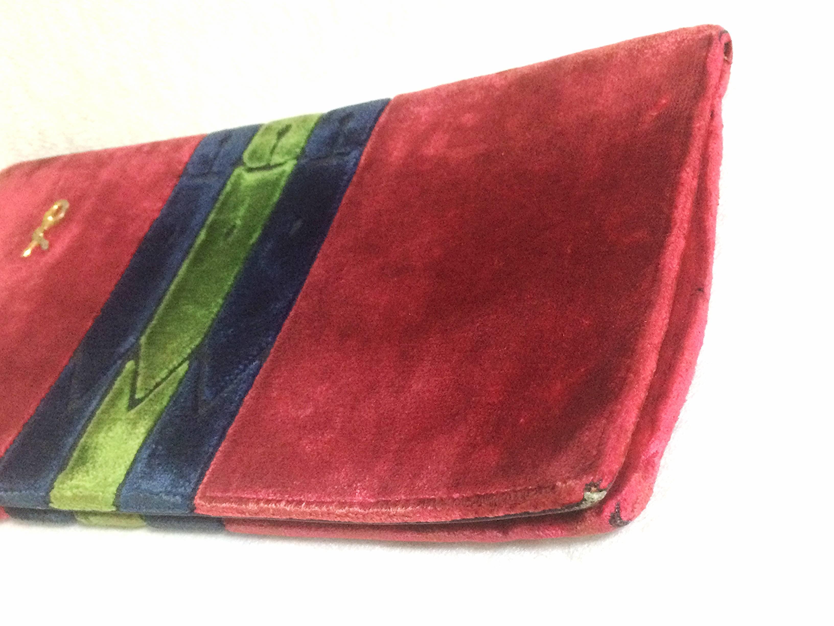 80's Vintage Roberta di Camerino velvet, chenille clutch in red, navy and green. 3