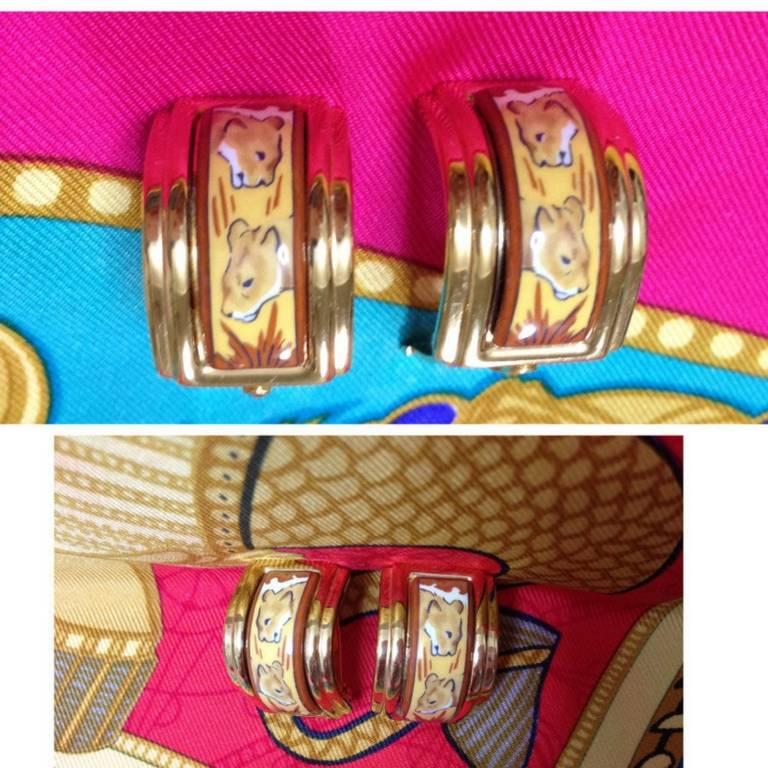 Women's  MINT. Vintage Hermes cloisonne porcelain golden earrings with twin lions design