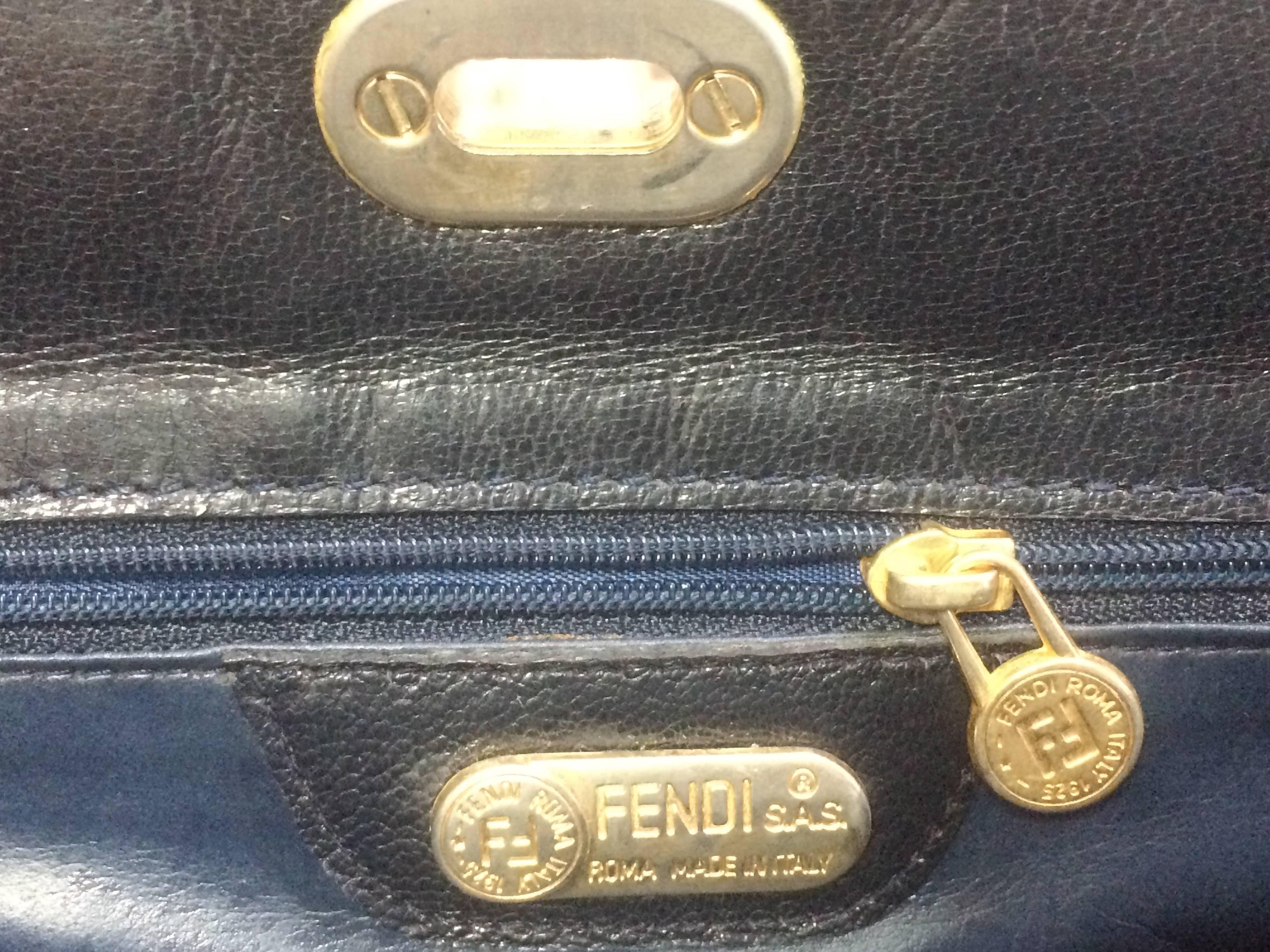 Gray Vintage FENDI genuine navy leather square and triangle shape handbag with logo For Sale