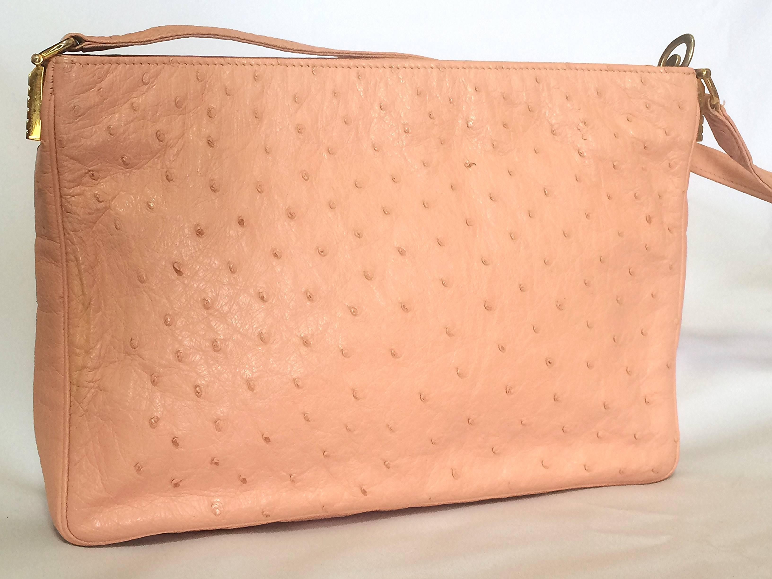 Orange Vintage BALLY genuine milky pink ostrich leather shoulder bag with B logo motif  For Sale