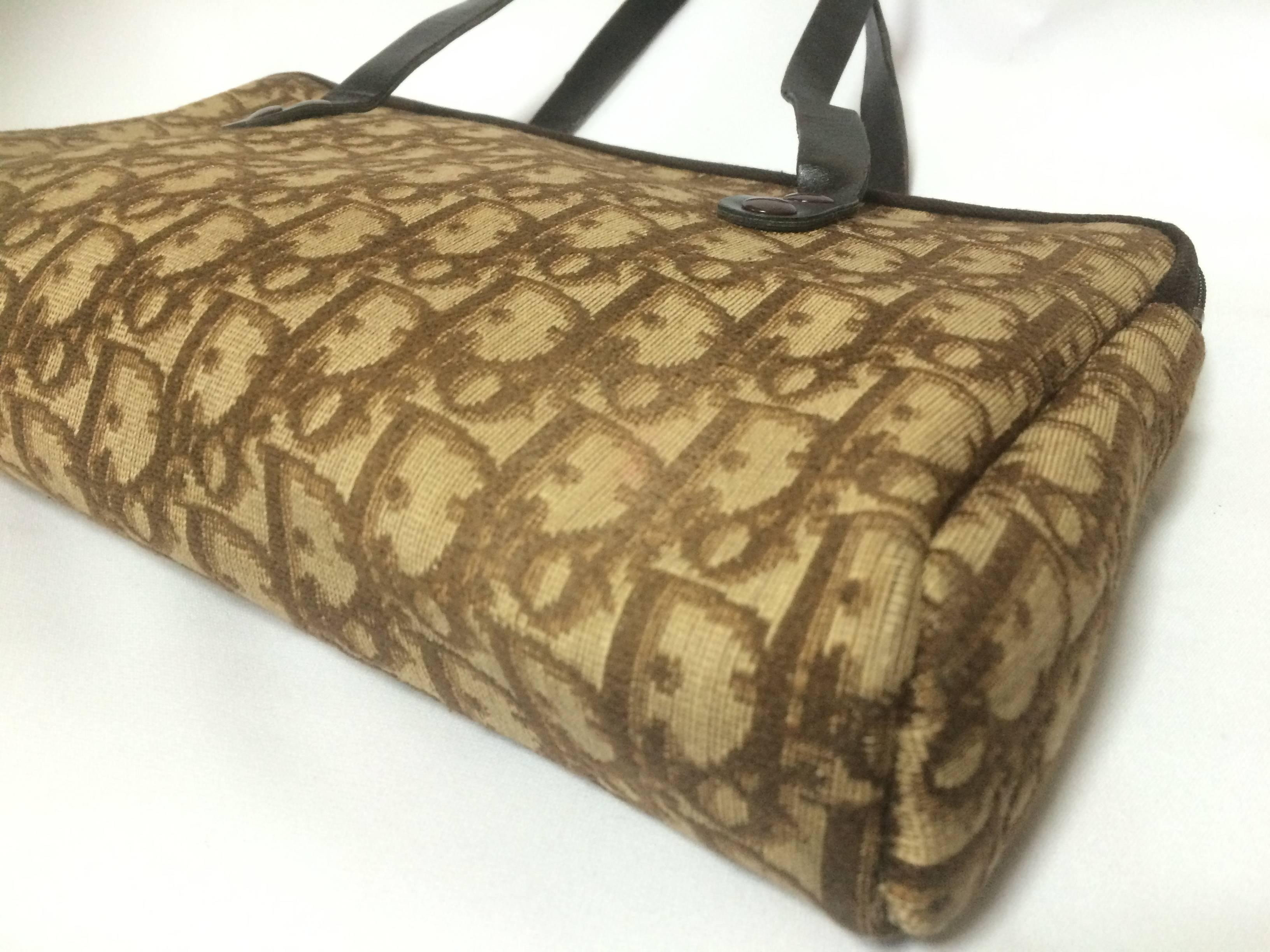 Vintage Christian Dior brown trotter jacquard mini handbag with leather handles. In Good Condition In Kashiwa, Chiba
