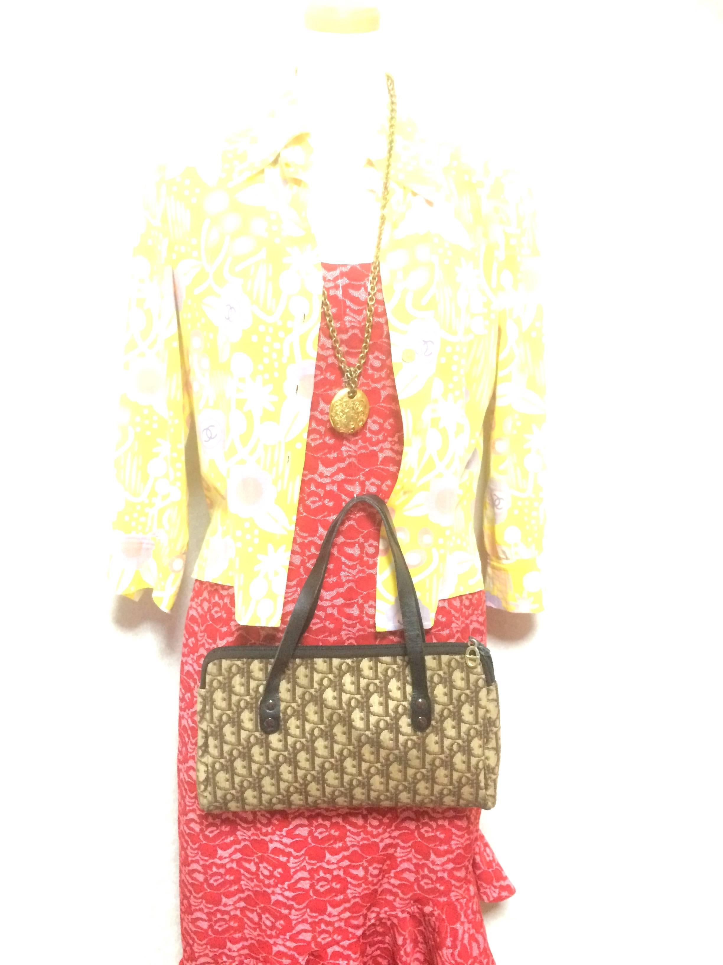 Vintage Christian Dior brown trotter jacquard mini handbag with leather handles. 4