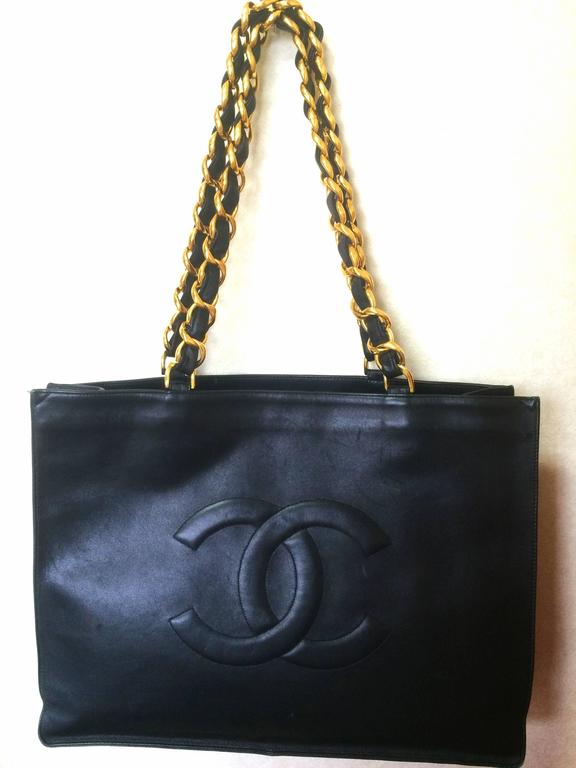 Vintage CHANEL black calfskin large tote bag with gold tone chain