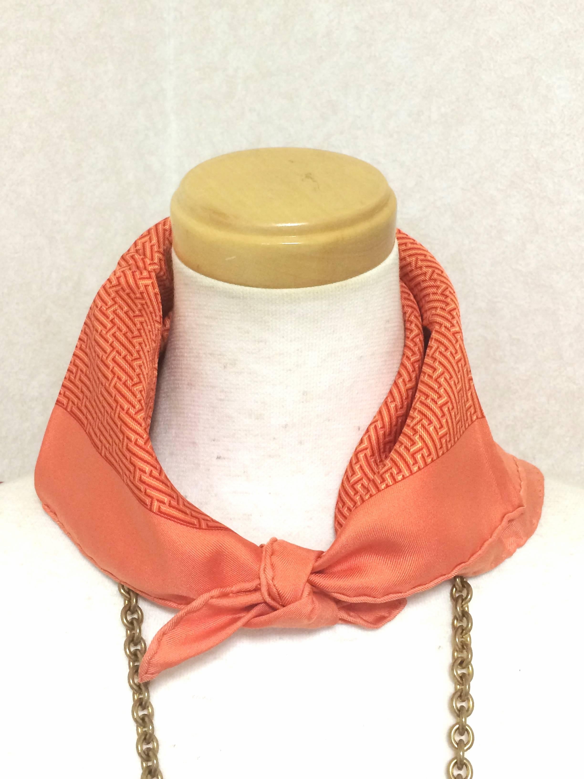 MINT. Vintage HERMES mini carre twill orange and logo print silk scarf. Classic  For Sale 1