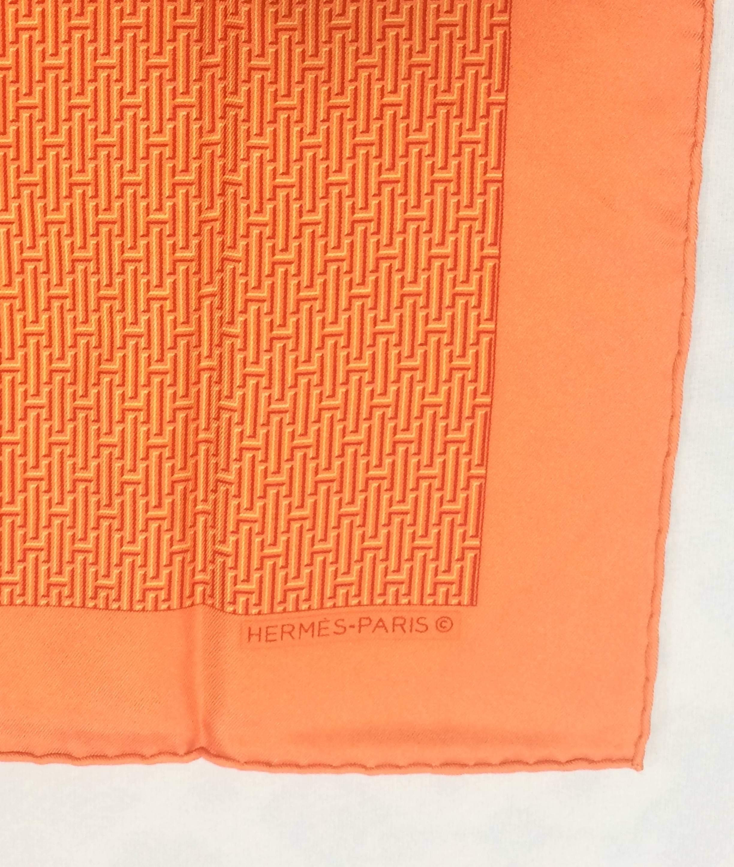 1990s. MINT. Vintage HERMES mini carre twill orange and logo print silk scarf. Classic and elegant scarf for daily use. 42cm, 16.5