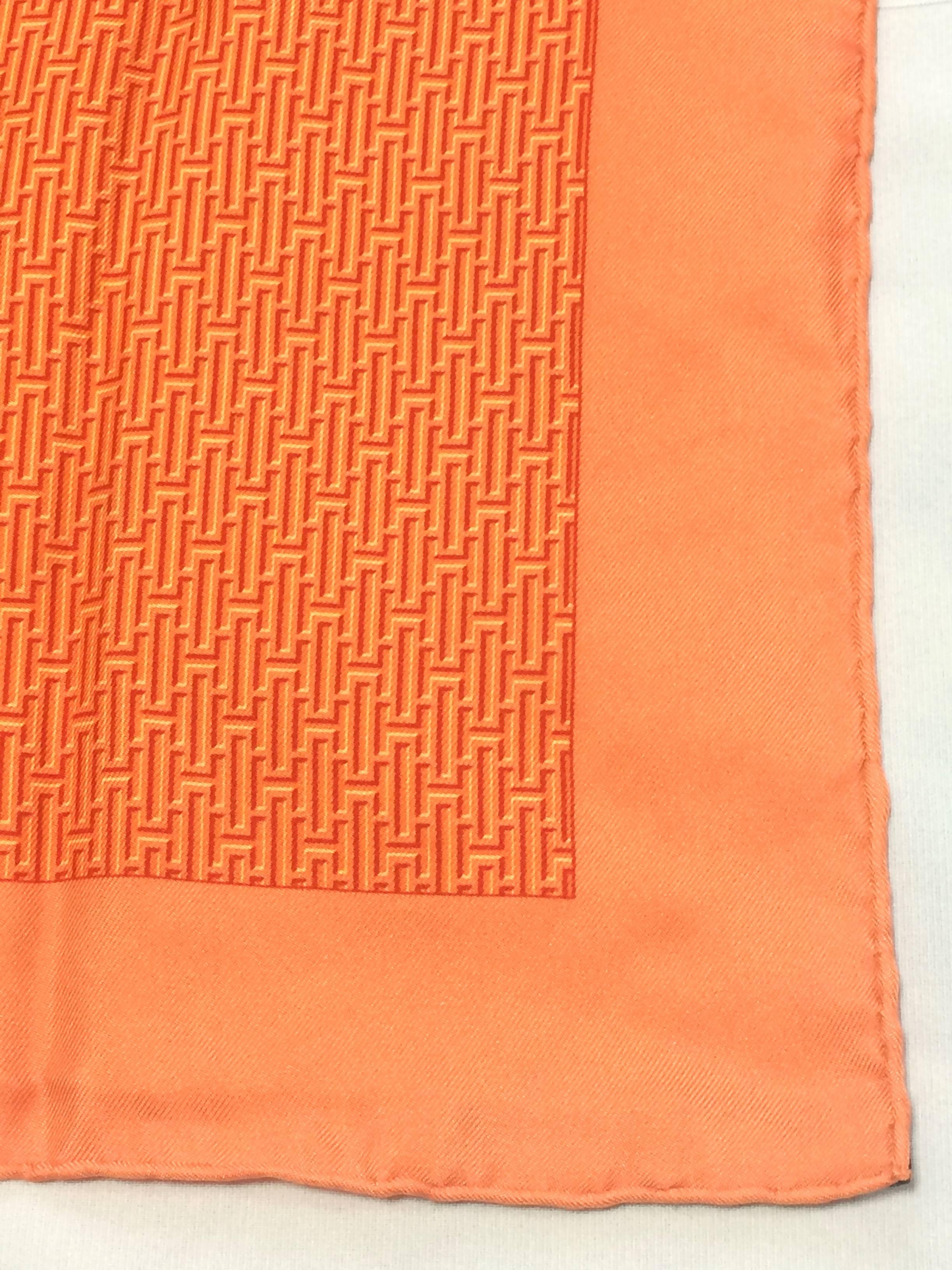 Orange MINT. Vintage HERMES mini carre twill orange and logo print silk scarf. Classic  For Sale