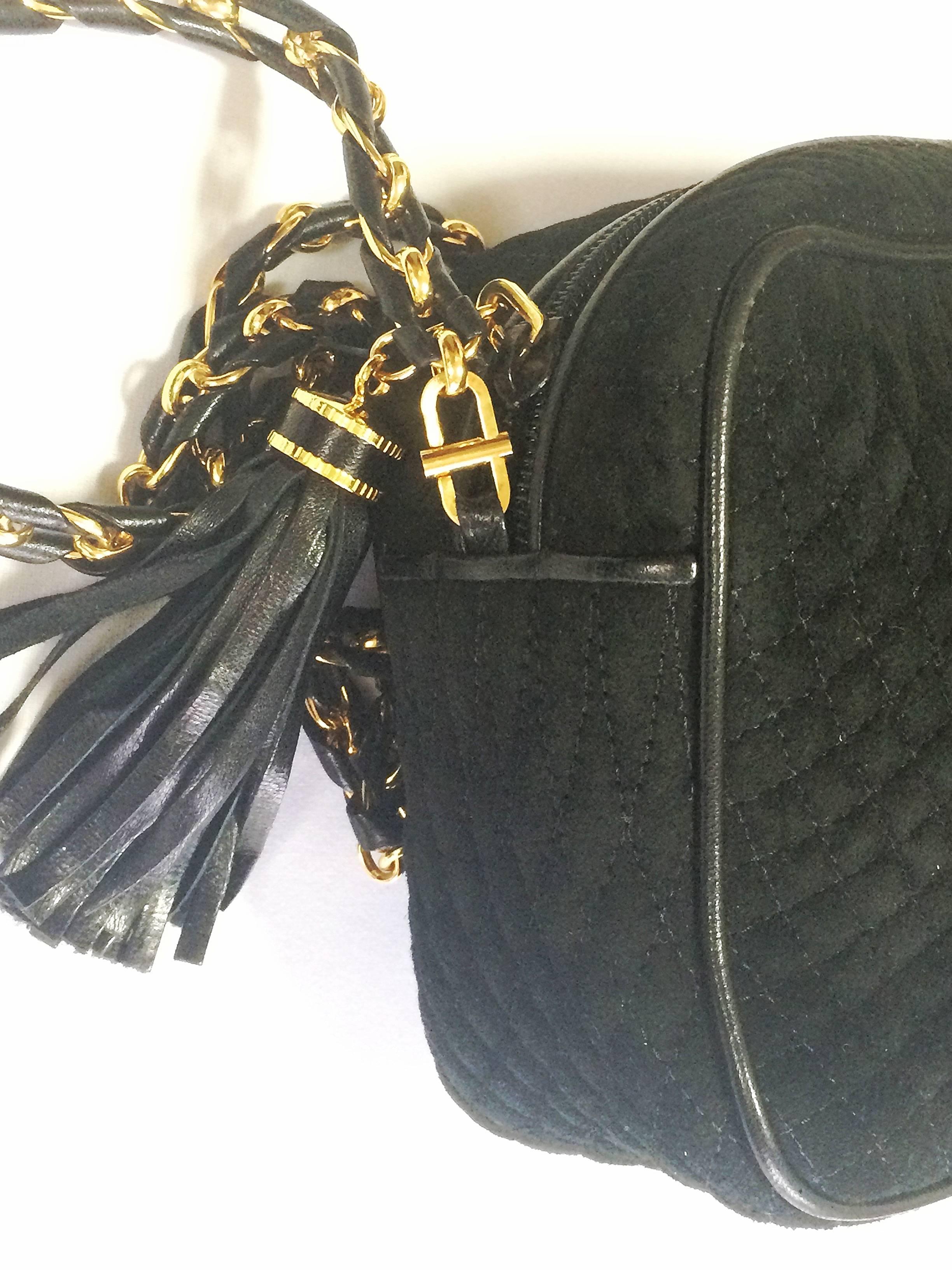 Women's Vintage BALLY genuine black suede quilted shoulder camera bag with fringe.